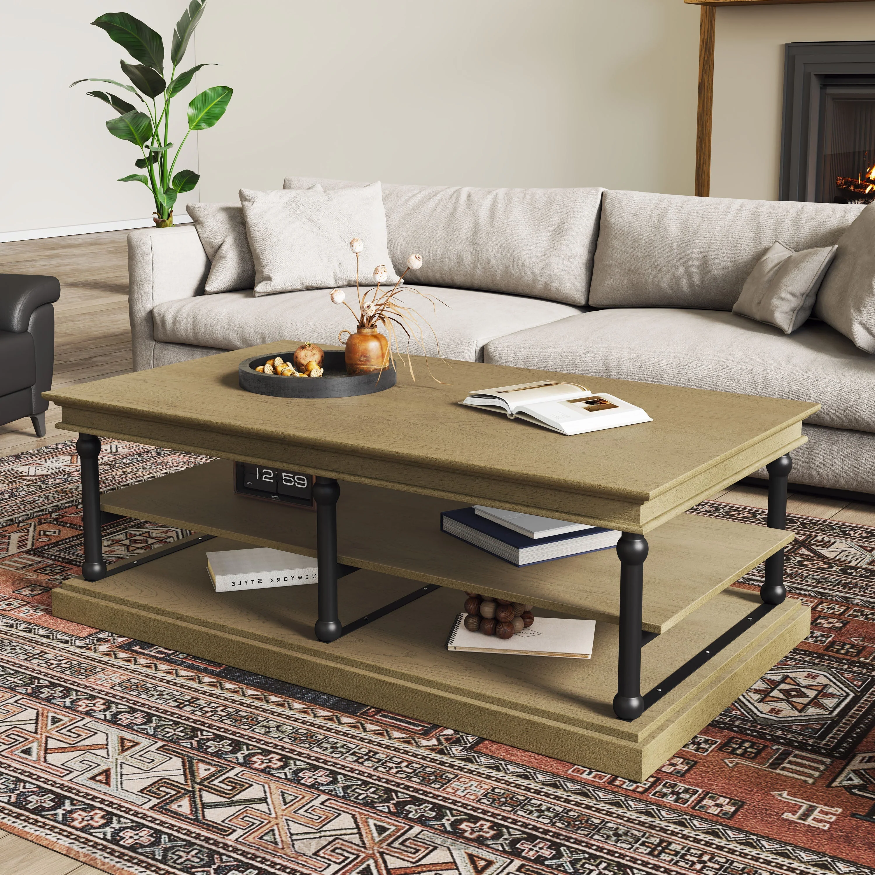 Green 55.1′ Wood Coffee Table with Black Legs and Open Storage Shelves Organic