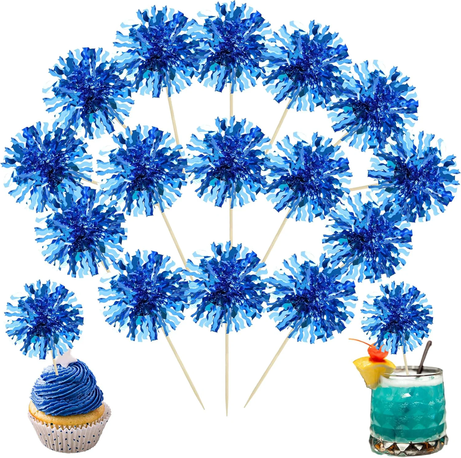 Stylish Ephlyn 30Pcs Foil Firework Cupcake Toppers Blue Tinsel Flower Drink Stirrers Cocktail Food Fruit Cake Toppers for Valentine's Day Party Decorations Functional