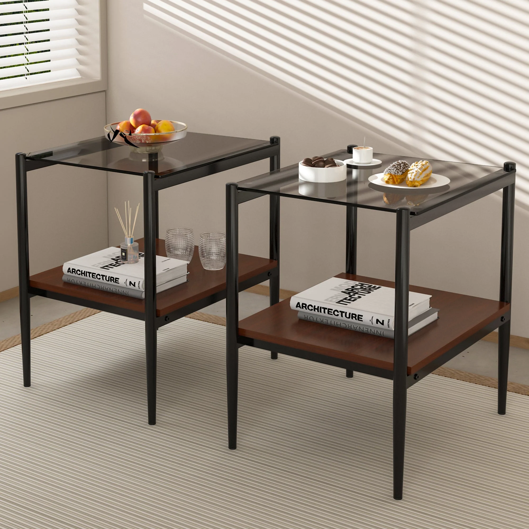 Responsible Set of 2 Rectangle End Table Gray Glass Healthy