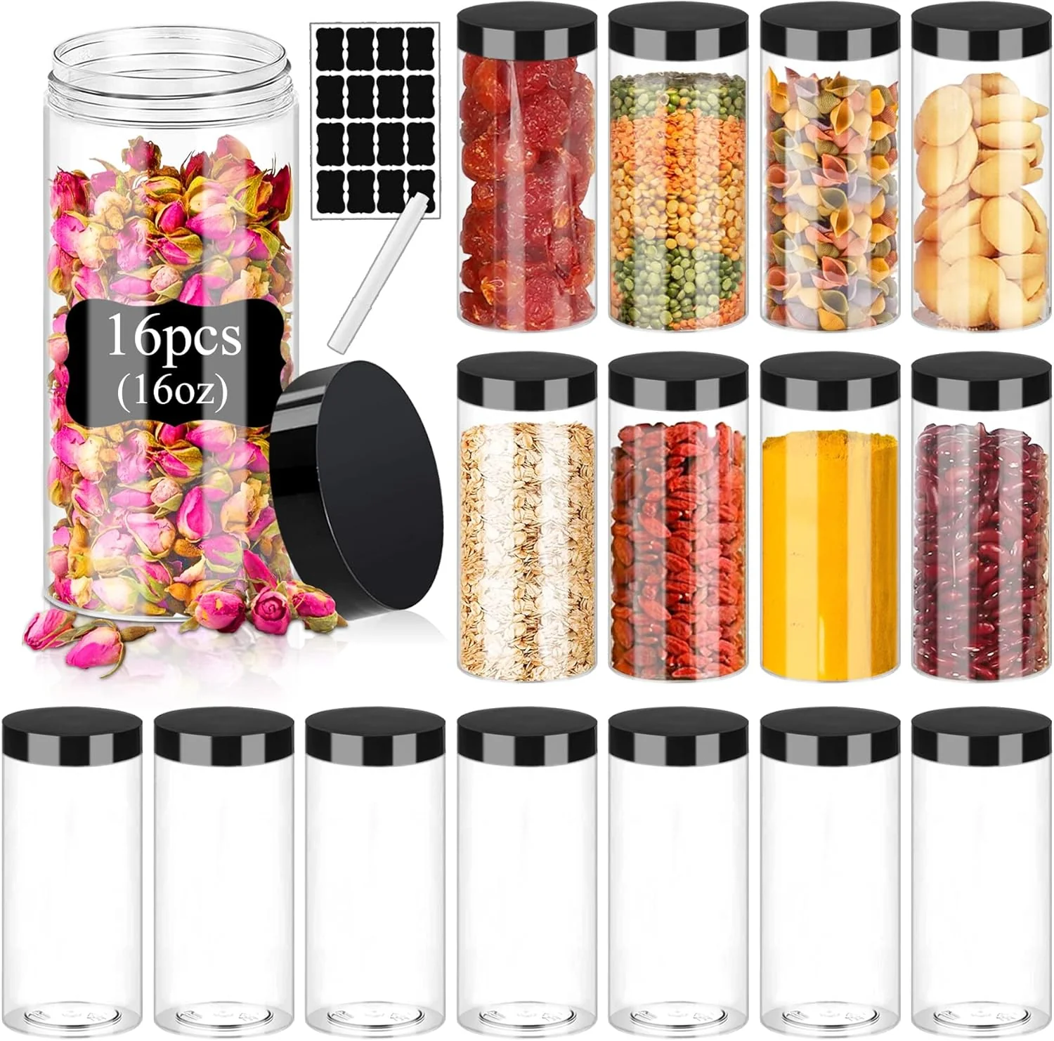 Recyclable Plastic Jars with Lids 16OZ 16PCS Small Empty Slime Cosmetics Containers Clear Gift Food Jars Round PET Cream Jars with Black Lids Pen Labels for Durable