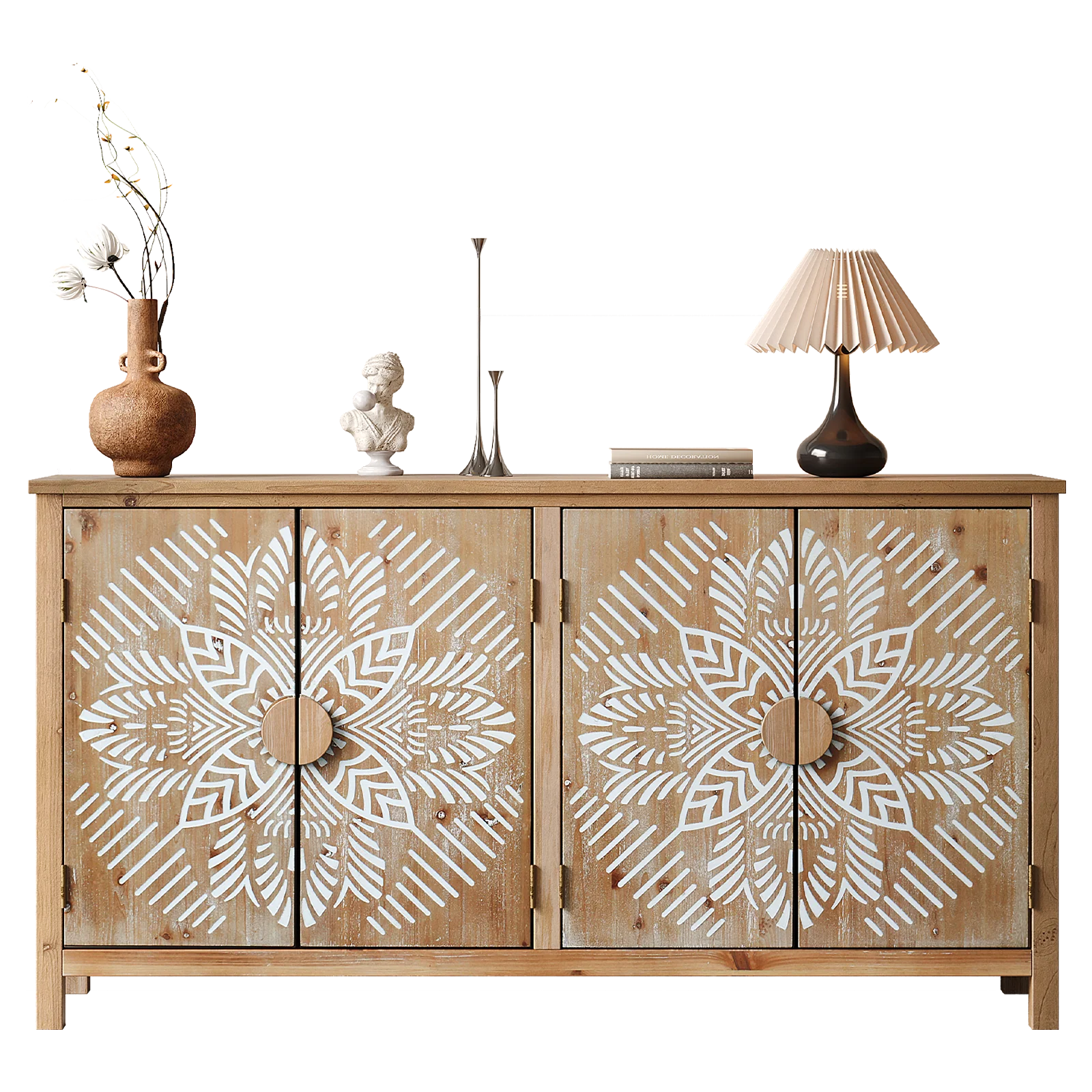 Dependable 60 Wood Accent Cabinet with 4 Doors Brown and Antique White Detailed
