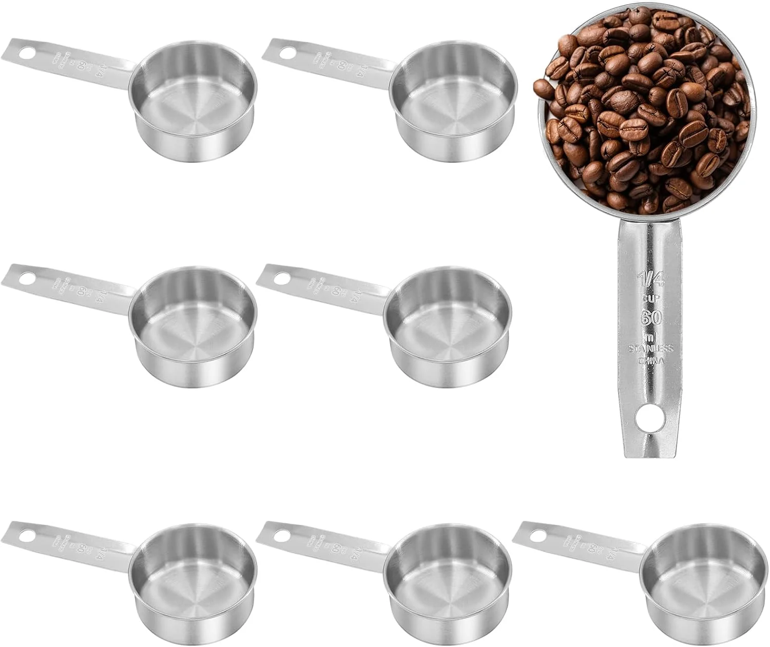 Fast 8Pcs Stainless Steel Measuring Cup 1 4 Cup 60ml 2oz Metal Measuring Cup Small Measuring Scoops Coffee Scoop with Comfortable Hand for Kitchen Long-Lasting