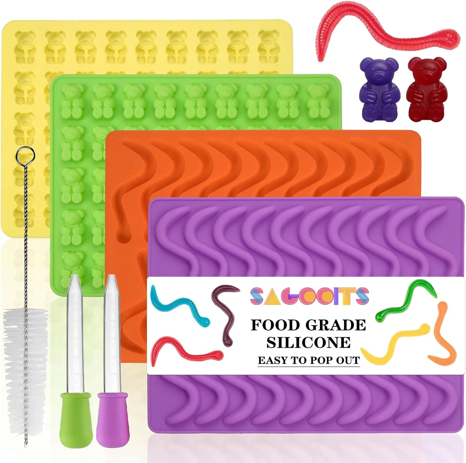 Fine Crafted Gummy Bear and Worm Mold Silicone No Stick Chocolate Candy Gummy Molds Pack of 4 with 2 Droppers SAGOOITS Large Gummy Bear Molds Candy Molds Green