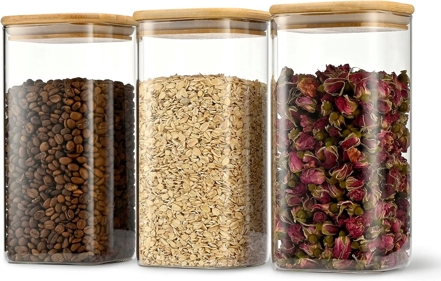 Outstanding 52oz Airtight Glass Square Storage Canister with Bamboo Lid Set of 3 1550ml Container Stackable Spice Jar Kitchen Canister for Flour Cookies High-End