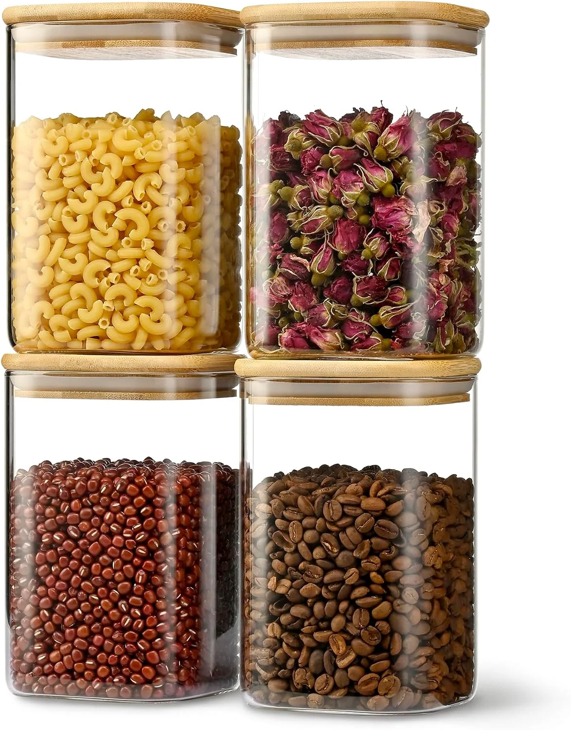 Powerful D2scrma 37oz Airtight Glass Square Storage Canister with Bamboo Lid Set of 4 1100ml Container Stackable Jar Kitchen Canister for Pantry Noodles Flour and Coffee beans ‎with Black Lable Quality