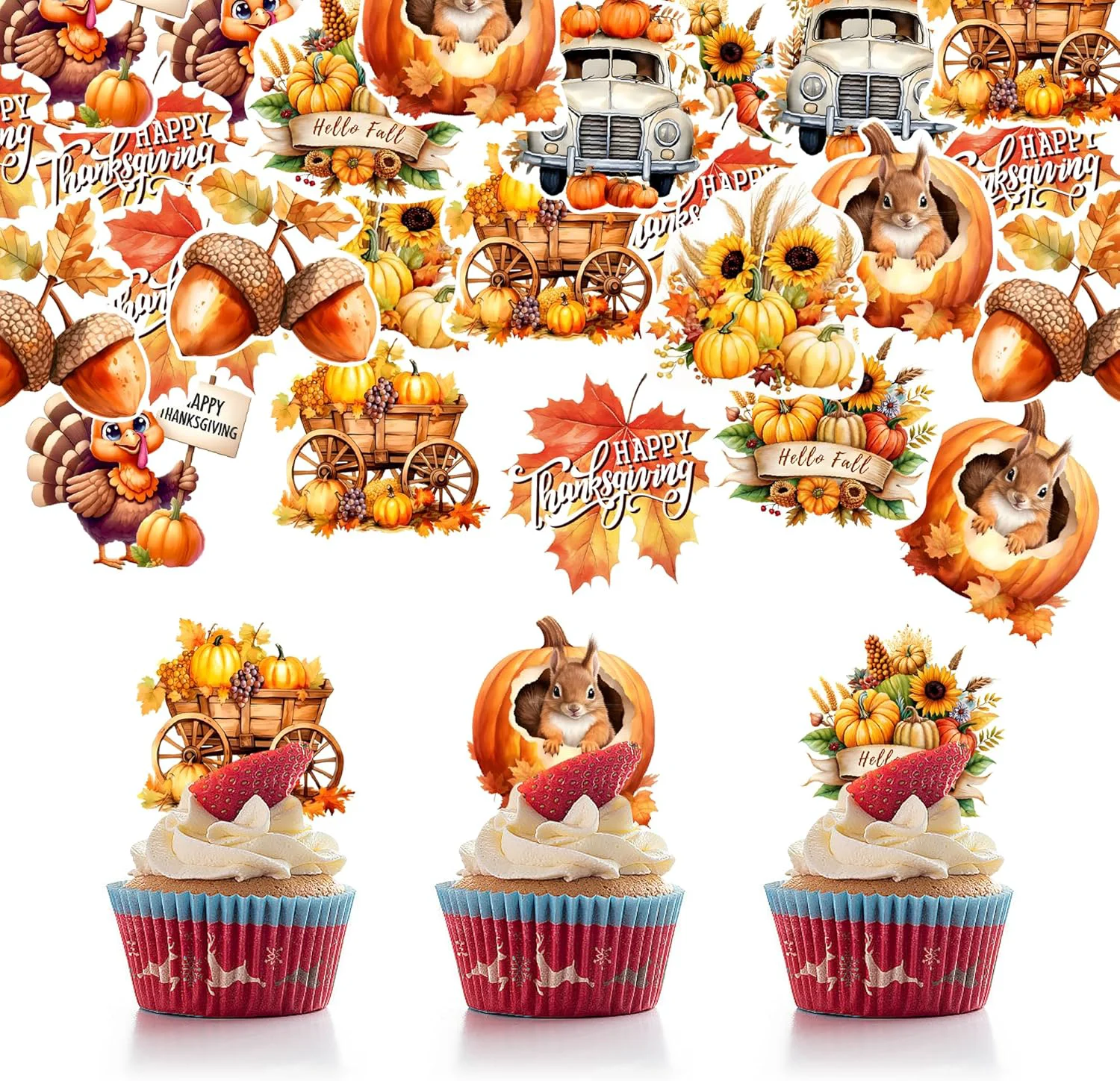 Elegant 40 PCS Edible Wafer Paper Turkey Pumpkin Fall Theme Cake Picks Autumn Decorations for Thanksgiving Party Expertly Made