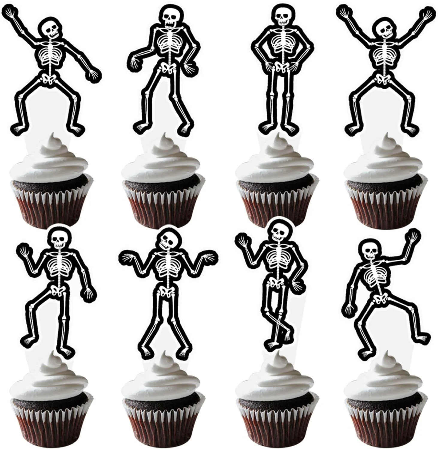 Healthy Dancing Skeleton Halloween Cupcake Toppers 48PCS Black Skull Party Cake Decorations Skeleton Cupcake Picks Halloween Birthday Party Decorations for Clean