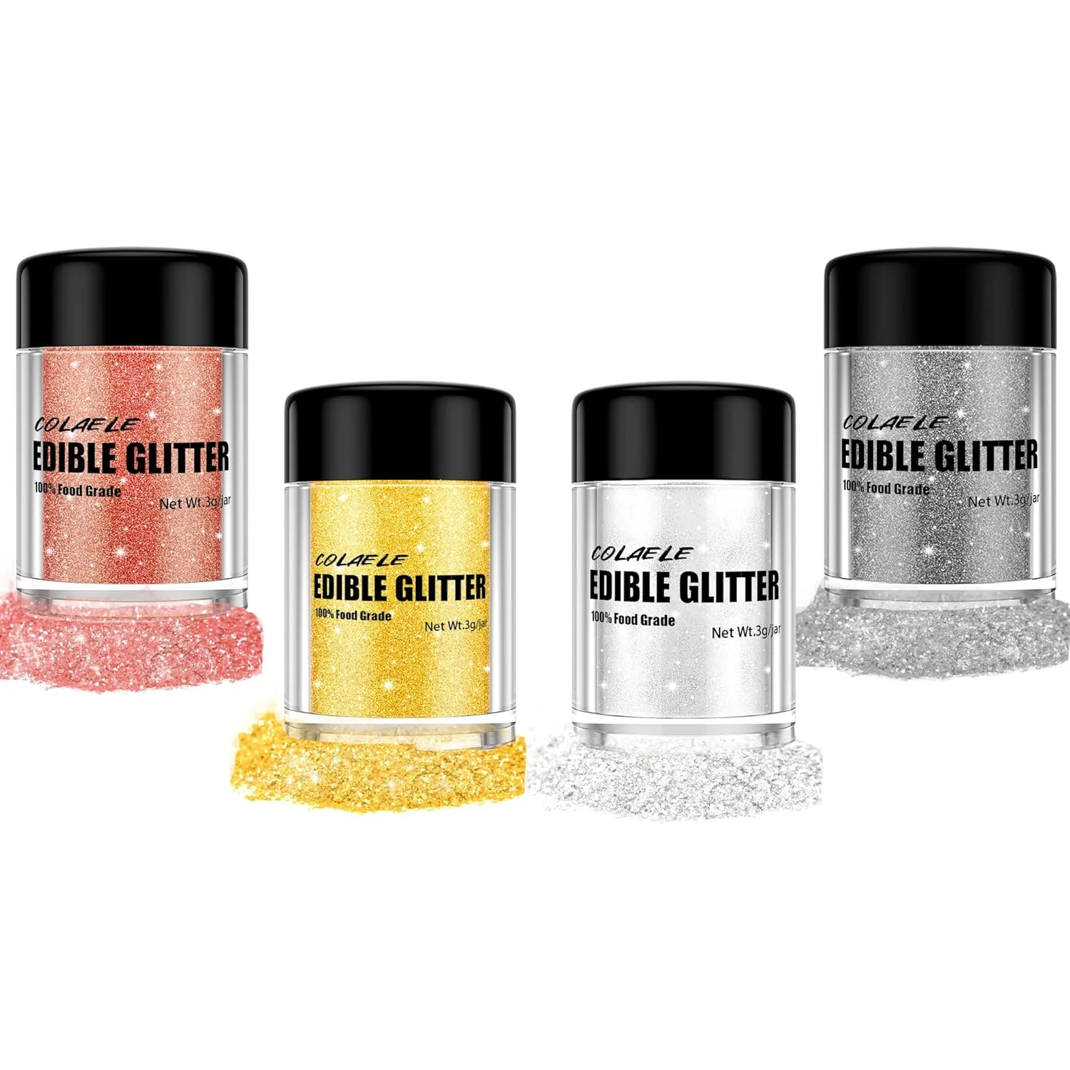 Expertly Made Edible Glitter for Drinks Cakes Christmas Set - Colaele 4 Colors Shimmering Luster Dust Disco Glitter Food Grade Metallic Food Coloring Glimmer for Advanced