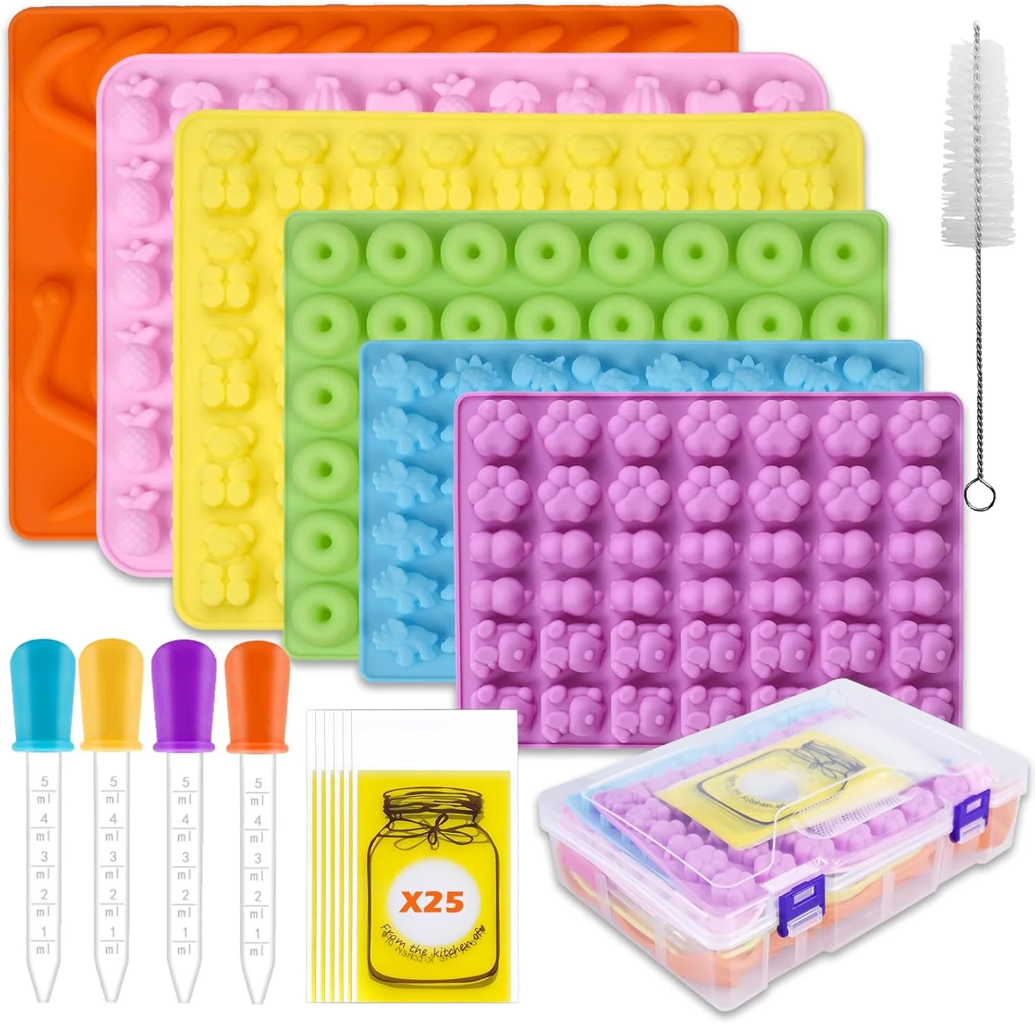 Outstanding Gummy Bear Molds Silicone 37PCS Set Nonstick Candy Mold Including Worm Bear Mini Dinosaur Animals Fruits and Mini Donut Molds With 4 Droppers Dependable