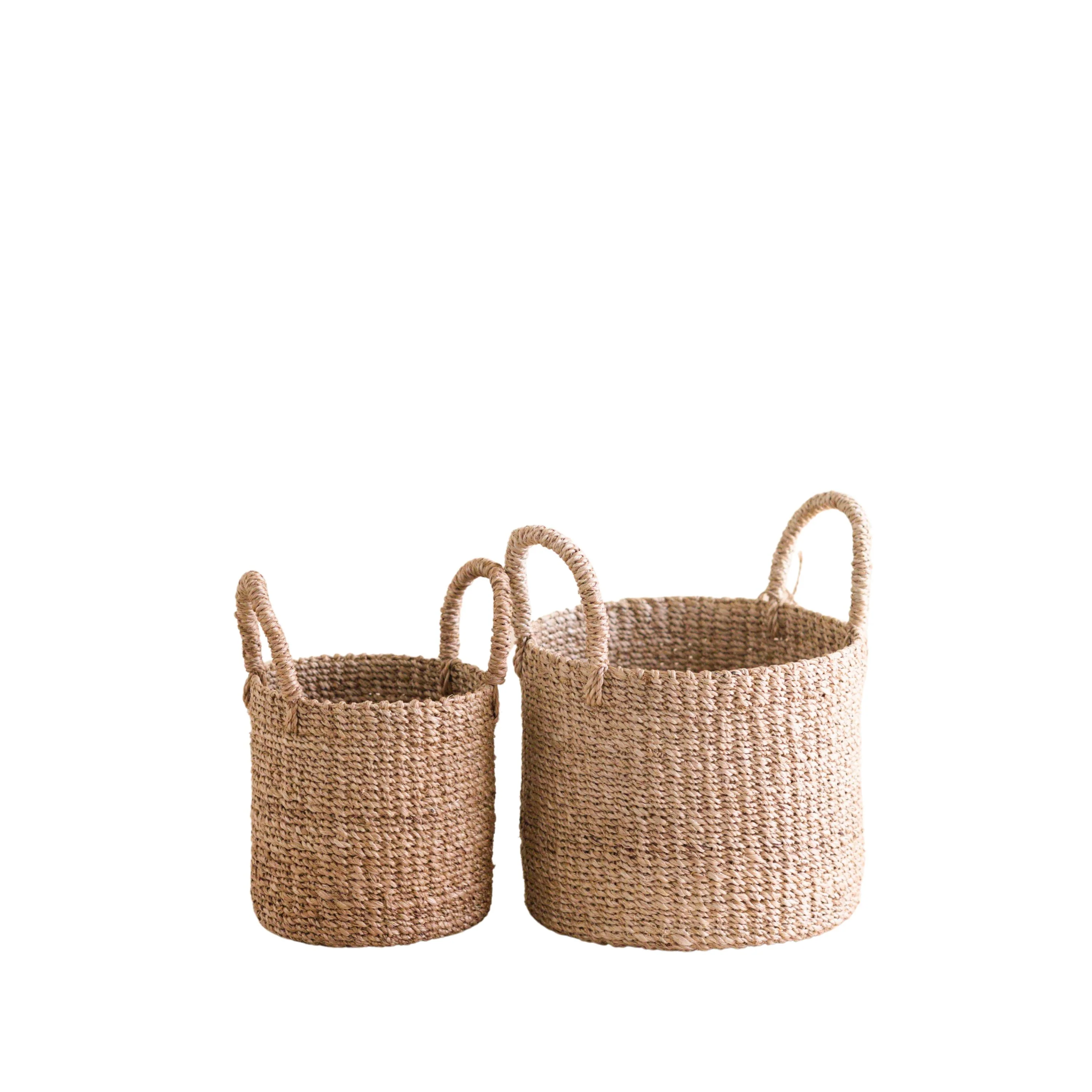 Functional LIKHA Abaca Cylinder Tabletop Basket with Handles Set of 2 Fine