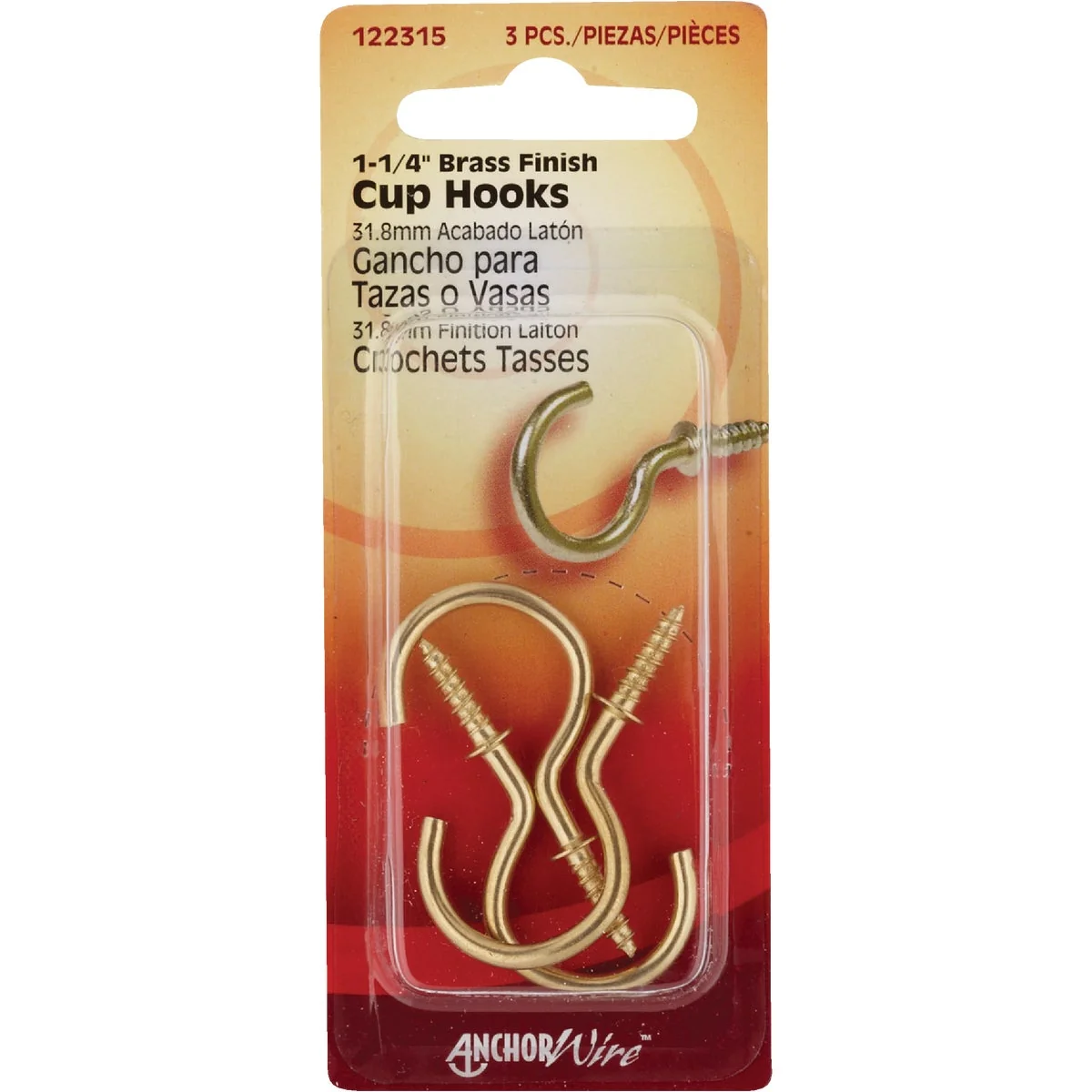 Modern Hillman Anchor Wire 1-1 4 In. Brass Large Cup Hook 3 Count Solid