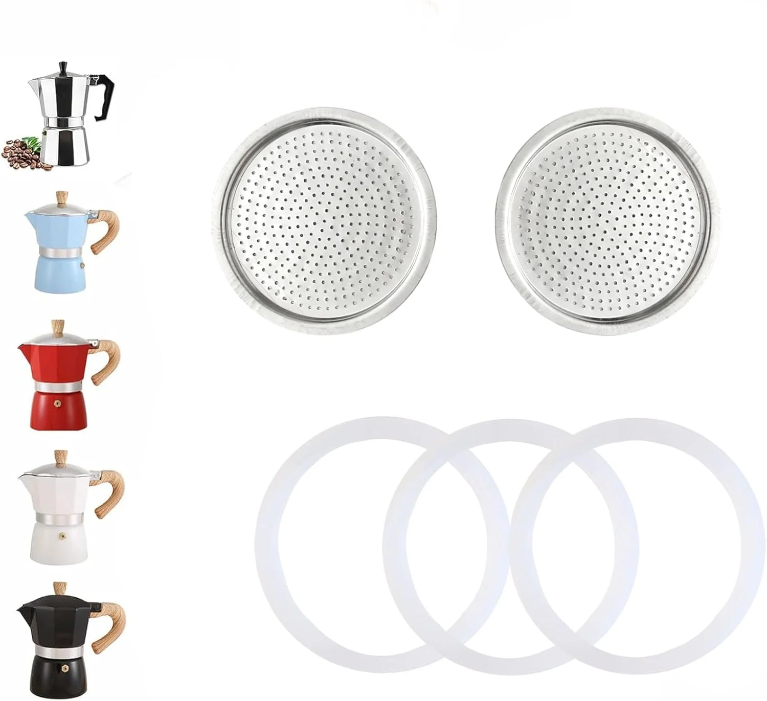 Superior 2 Pcs Filter with 3 Pcs Silicone Gasket Seals for 12 Cup 14 Cup Stovetop Espresso Coffee Maker Parts for Ditosh Aluminium Moka Pot Advanced
