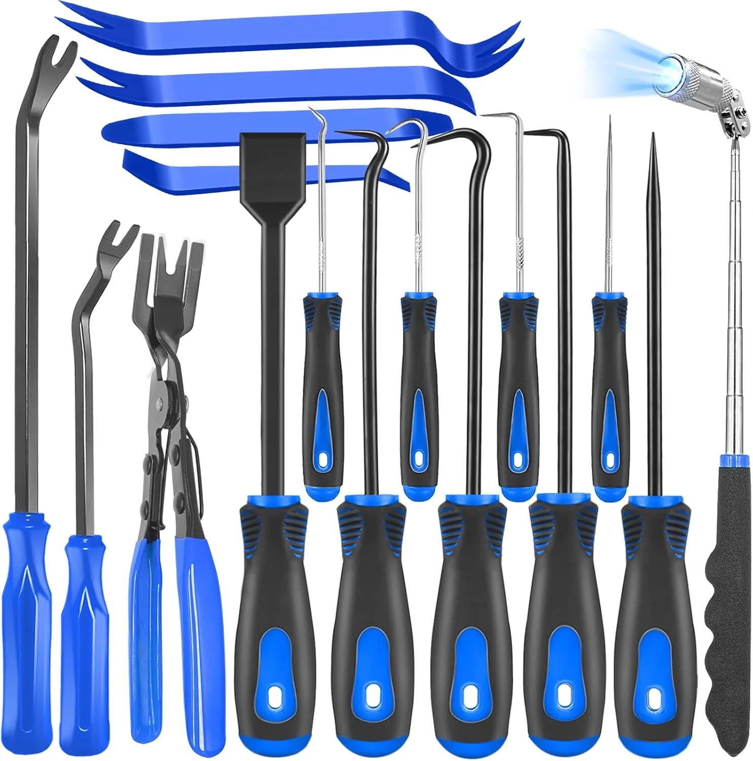 Breathable 17Pcs Mechanic Hook and Pick Tool Set Car Trim Removal Kit with Fastener Clip Pliers Rivet Puller Magnetic Pickup Gasket Scraper Secure