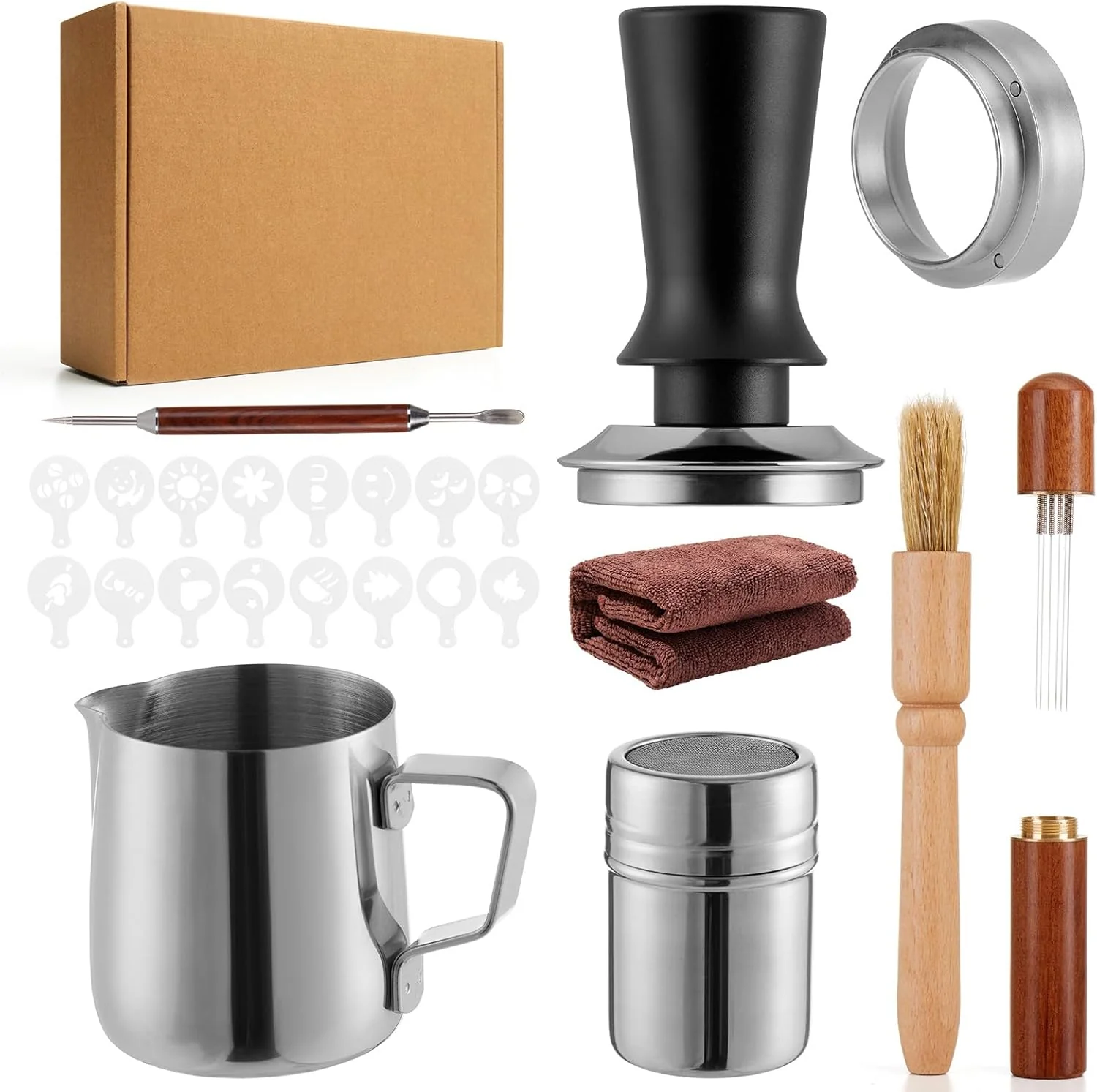Premium Material 24pcs Espresso Accessories Kit Espresso Tools Set for Coffee Machine Spring-Loaded 304 Stainless Steel Base 30lbs Coffee Calibrated Tamper Tools for Enjoying cafes Home Office hotels 53mm Fine Crafted