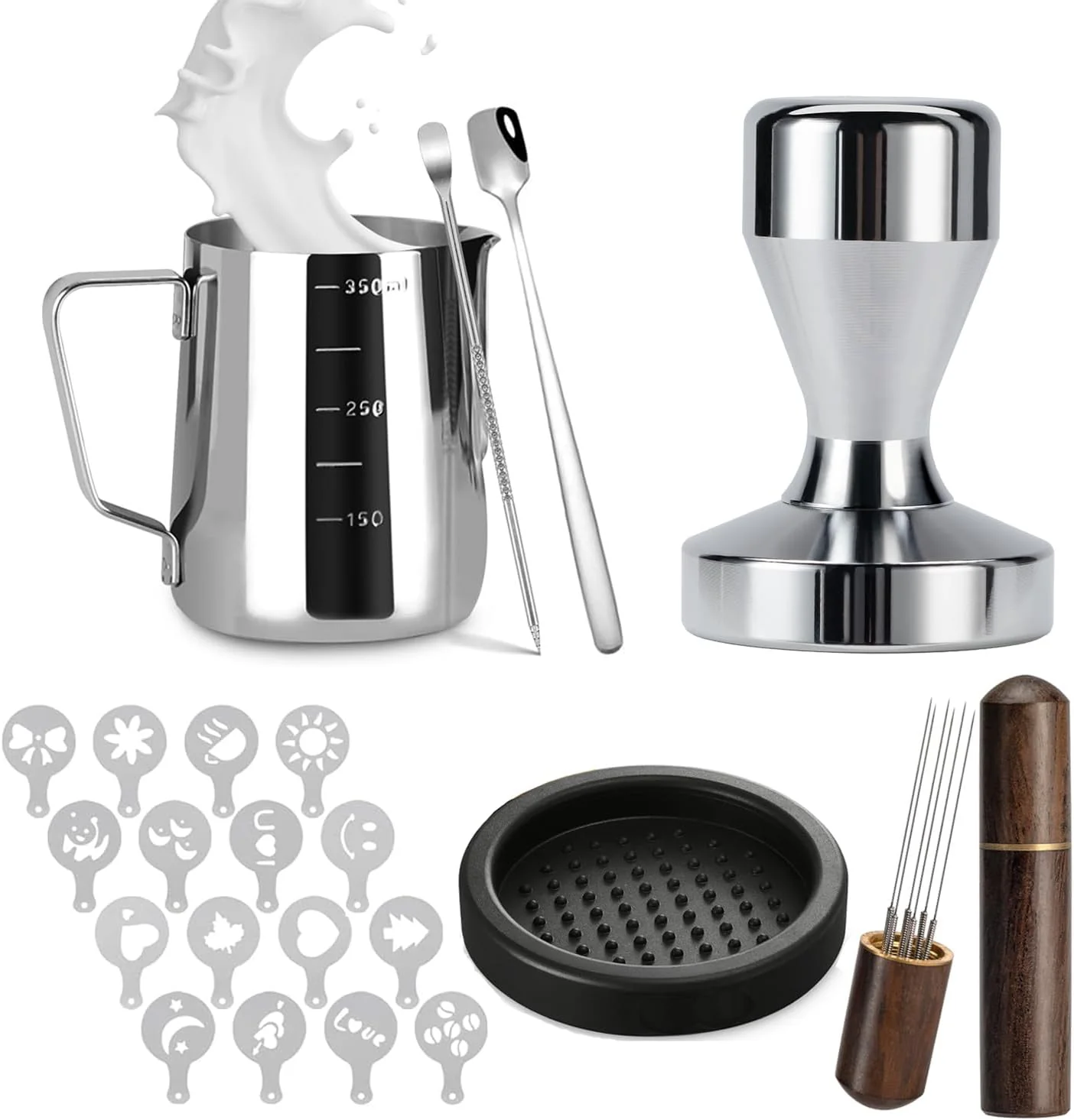 Solid Espresso Accessories Kit 51mm Tamper 51mm Espresso Tamper Set Espresso Kit Including Coffee Tamper Milk Frothing Pitcher WDT Tool Espresso Clean