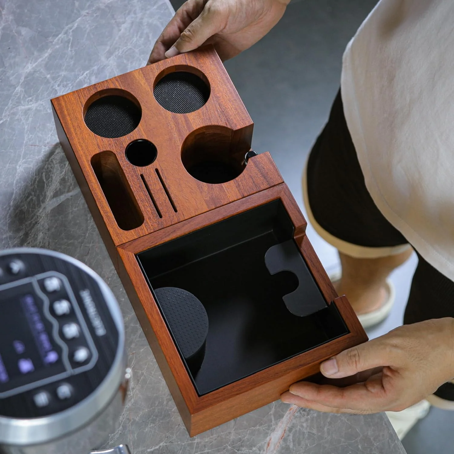 Convenient Rosewood Espresso Workstation – Wooden Tamping Station Organizer 54mm Coffee Knock Box Kit Secure