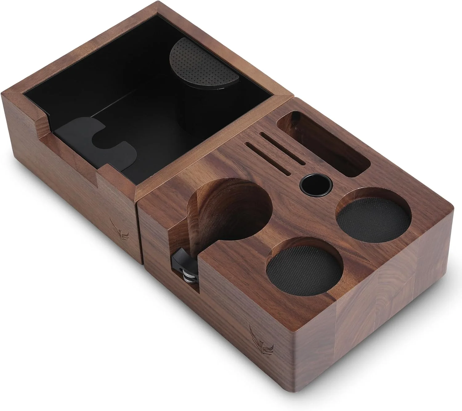 Functional 58mm Espresso Tamping Kit Walnut Tamper Station and Knock Box for Coffee Grounds Disposal and Tool Organization Long-Lasting