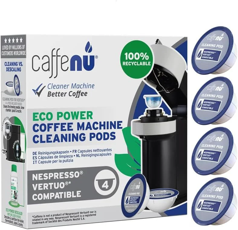 Practical Caffenu Cleaning Pods Compatible with Nespresso Vertuo. 4 Cleaner Capsules. For Improved Coffee Flavor and Crisp Coffee. Use with Descaling Kit Green