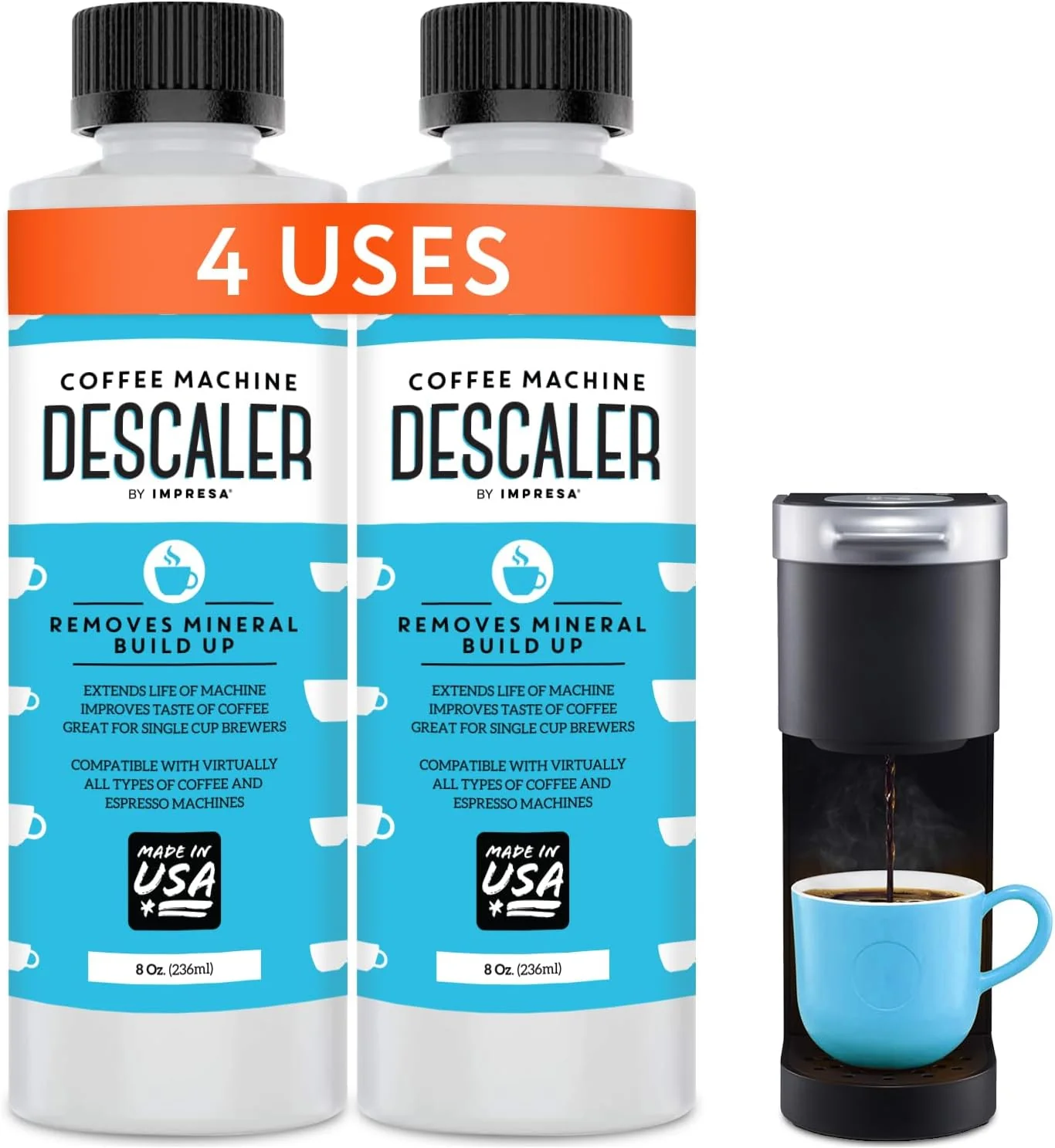 Premium Material Descaler 2 Pack 2 Uses Per Bottle - Made in the USA - Universal Descaling Solution for Keurig Nespresso Consistent