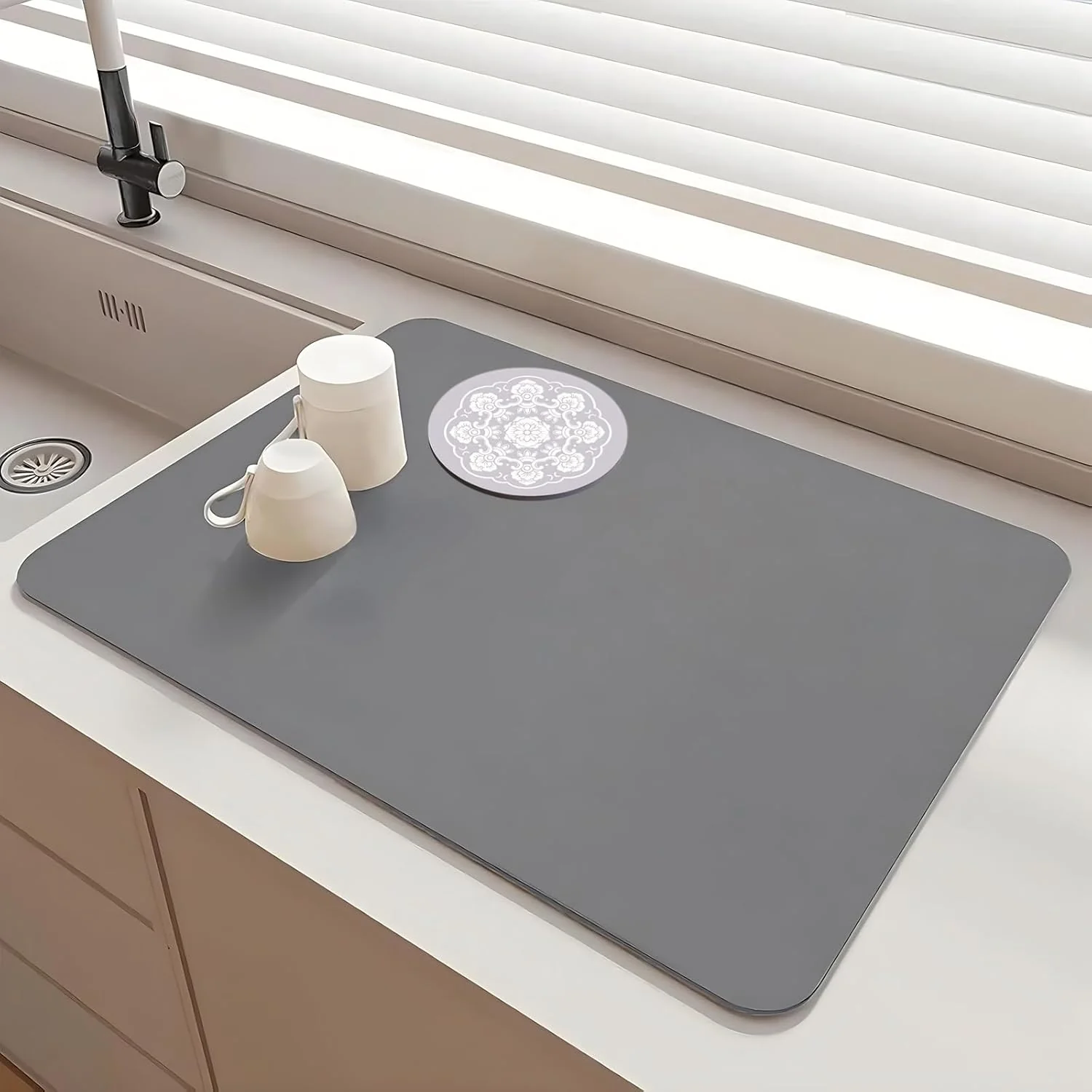 Solid Coffee Mat Dish Drying Mat Quick Drying Hide Stain Rubber Backed Absorbent Coffee Bar Accessories 16 x20 Light Grey Powerful