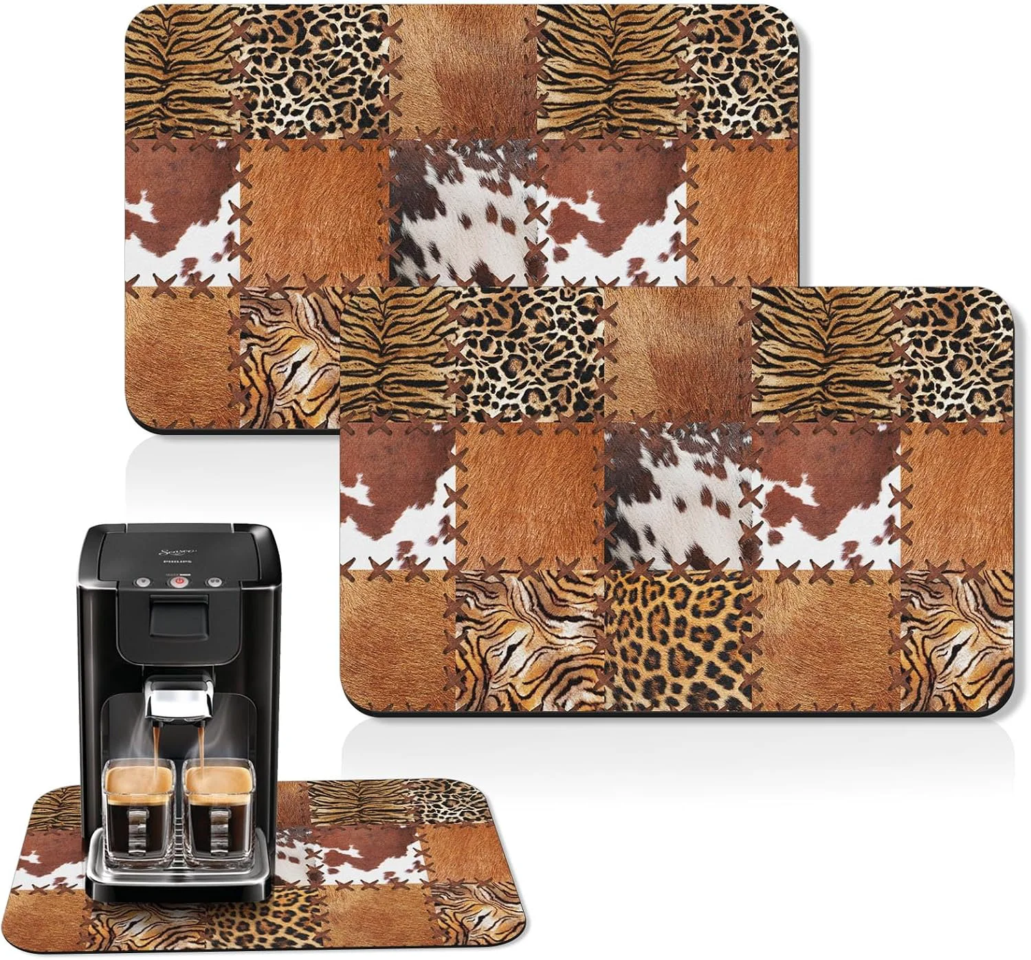 Professional Arttown Coffee Mat for Countertops 2 Pcs 12 x 19 Cow Tiger Leopard Patchwork Tribal Dish Drying Mats Rubber Backed Kitchen Bar Accessories for Espresso Machine Rack Hide Stain Refined