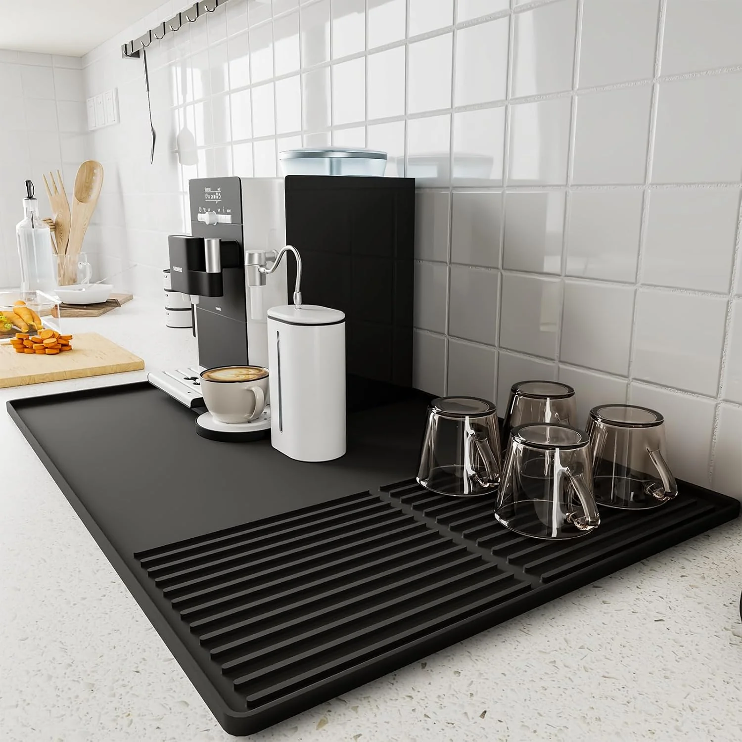 Exceptional Silicone Coffee Mat with Raised Edges 20” X 12” Bar Mat for Countertops Fits Under Coffee Maker Espresso Machine Dish Drying Mat Black Smart