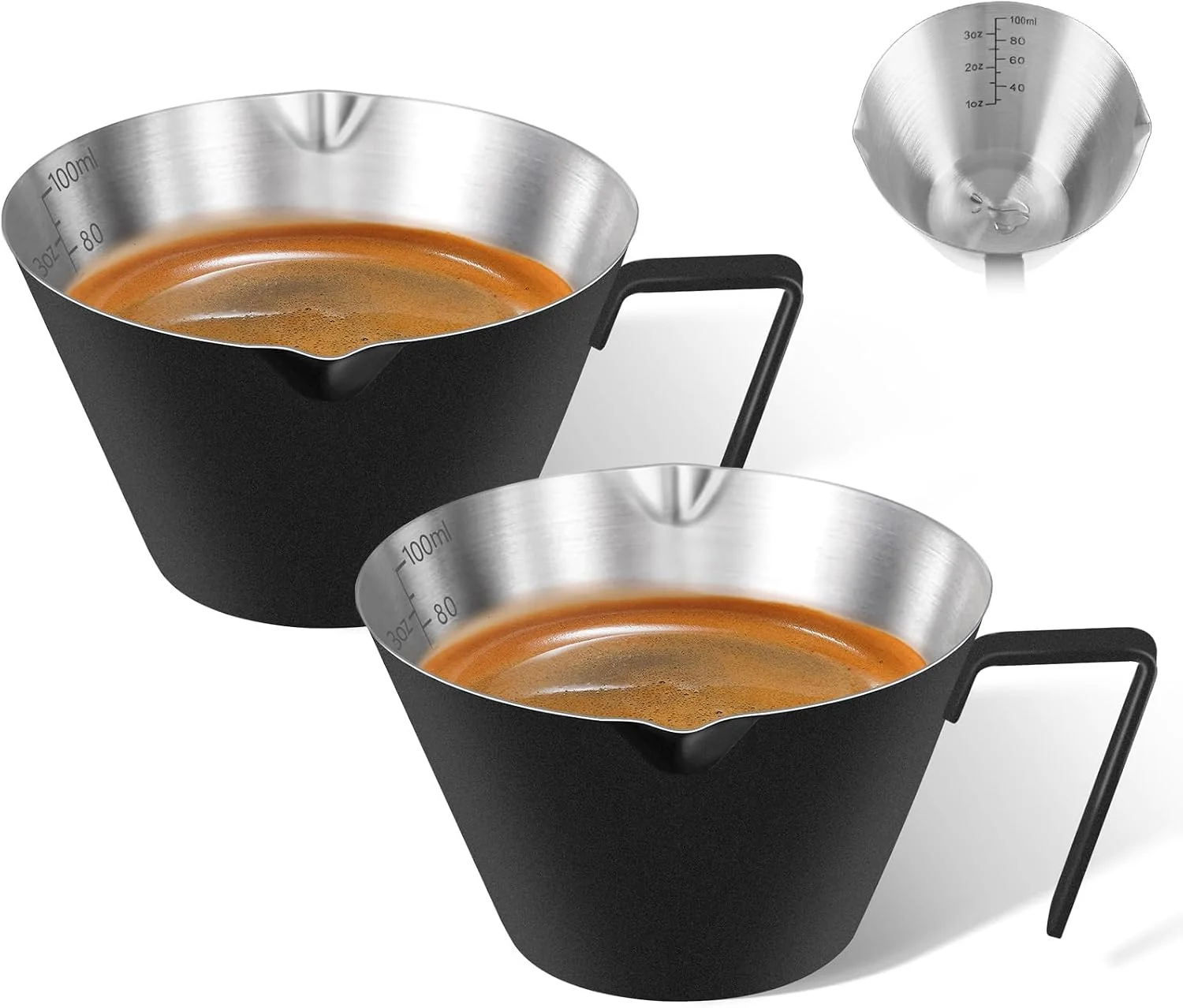 Fashionable 2 Pc Stainless Steel Espresso Shot Cups 3.4oz 100ml Black Double Spout Measuring Cups with Handle V-Shaped Mouth I for Espresso Brewing and Coffee Making Elegant