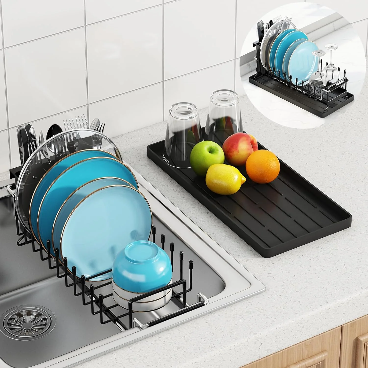 Premium Material Antopy Sink Dish Drying Rack – Expandable Small Dish Rack Over Sinks with Silicone Drying Tray Dish Drainer for Kitchen Counter with Cutlery Holder Environmentally Friendly