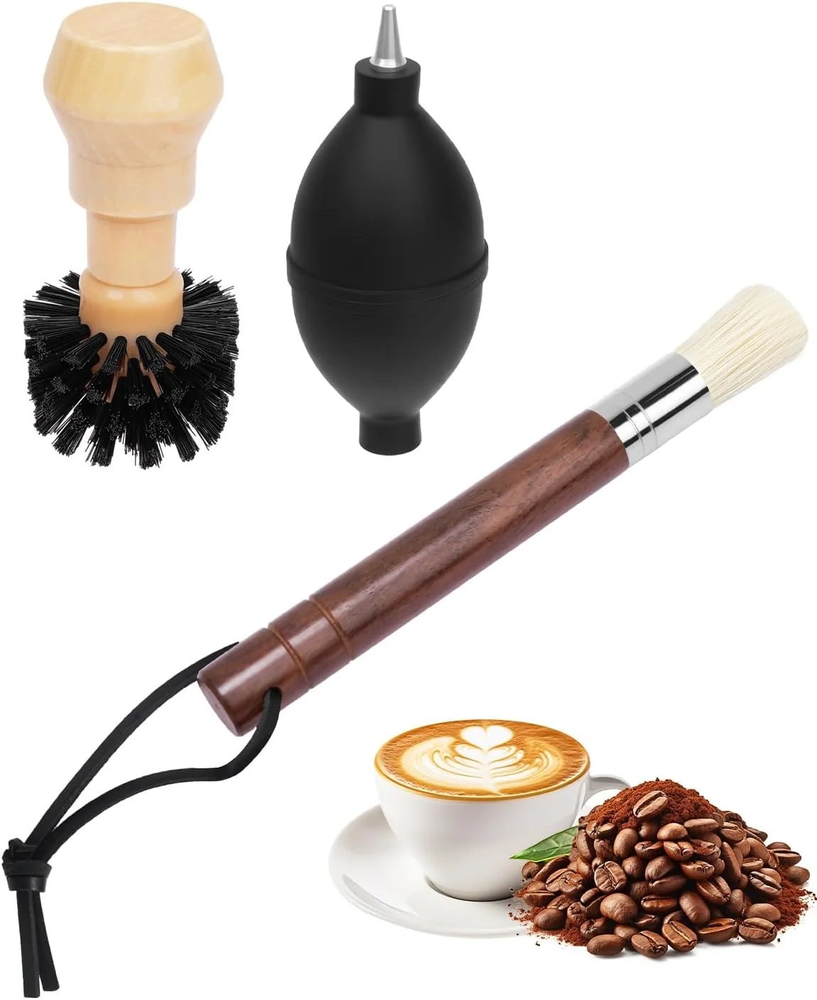 Elegant 3 Pcs Portafilter Espresso Kit – Ebony Bristle Coffee Brush Coffee Grinder Brush Air Blower – Espresso Tool Kit for Machine Grinder Countertop Advanced
