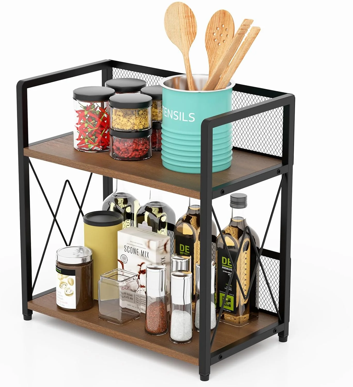 Trendy Aduanbang Coffee Bar Accessories Organizer Seasoning Organizer 2 Tier Wooden Kitchen Counter Shelf Coffee Organizer Station for Countertop Outstanding