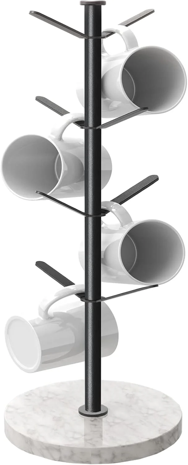 Versatile Marble Mug Holder Tree 8 Hooks Coffee Cups Stand New Upgraded Stable Mug Stand for Kitchen Counter Cabinet Cafe Black Smooth