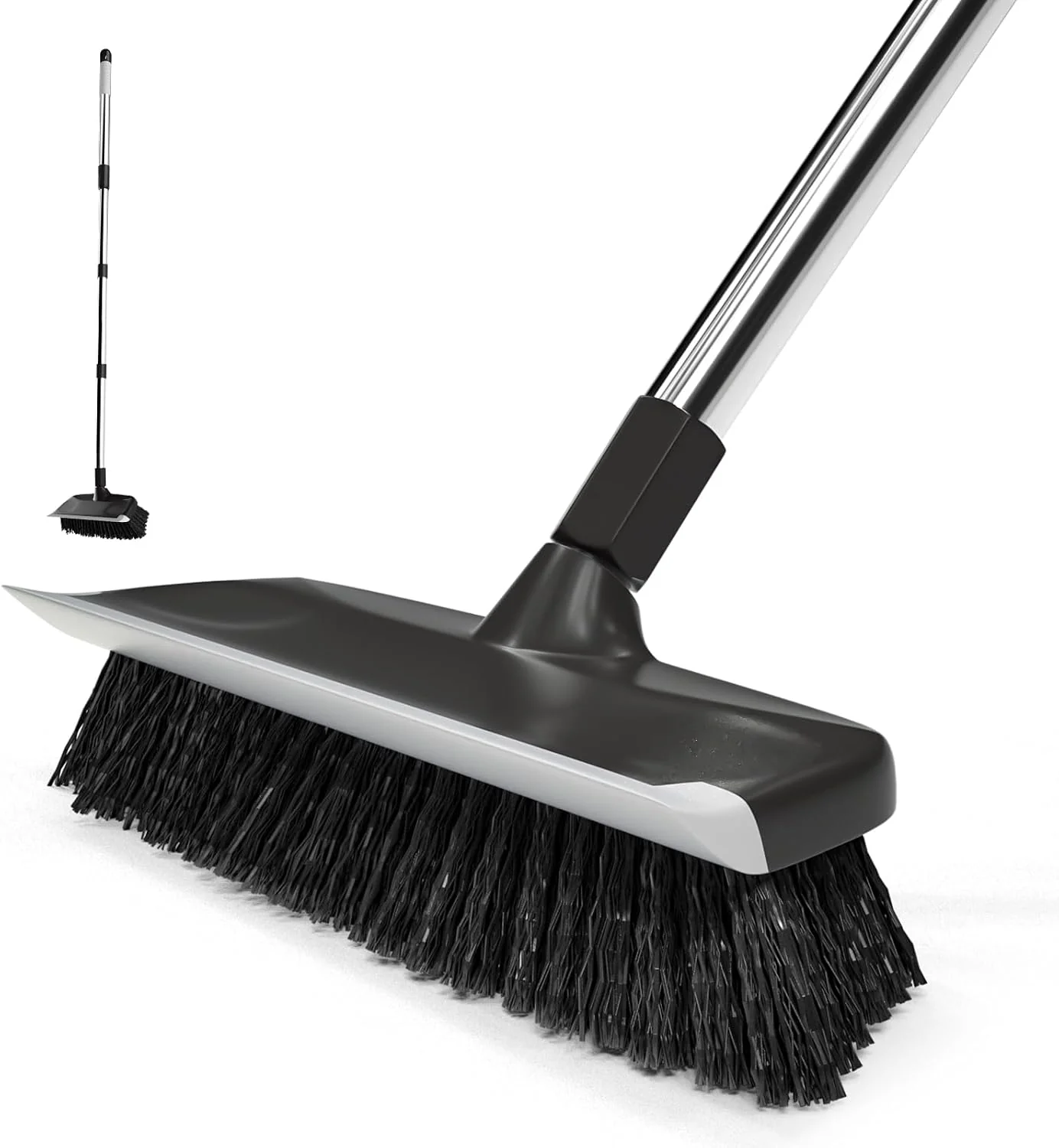 Authentic ITTAR Floor Scrub Brush with 55 Long Handle 10 Wide Stiff Bristles Deck Brush Stainsless Steel Pole Heavy-Duty Cleaning Brush 2-in-1 Scrubber with Ruber Squeegee for Deck Patio Pool Tile Wall Minimalist