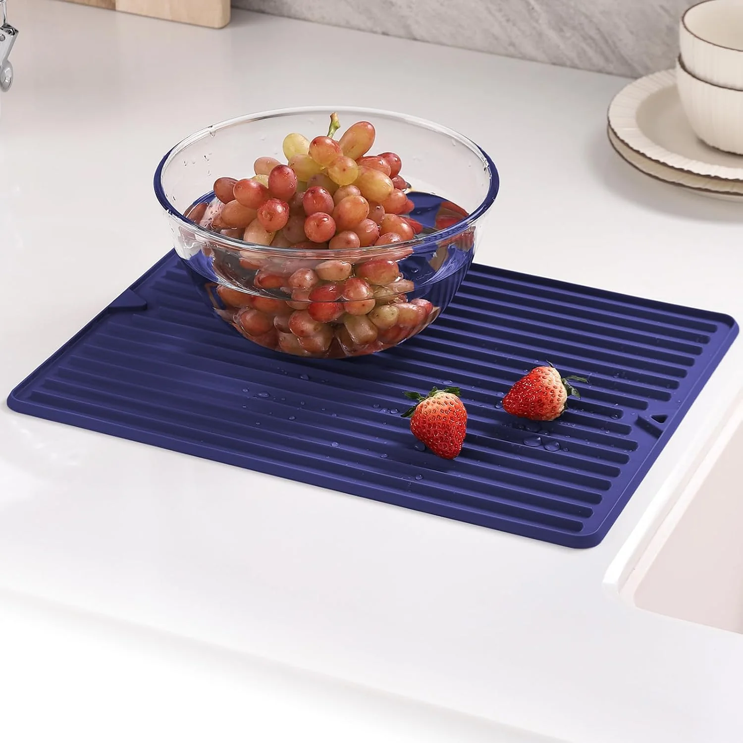 World-Class Silicone Dish Drying Mat Flexible and Thick 12 x 16 Blue For Kitchen Counter and Bathroom Heat Resistant Trivet Countertop Protector Non-Toxic Non-Slip For Under Dishes Rack Authentic