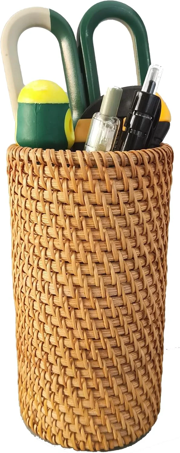 Smart Handmade High Wall Rattan Pen Cup Tea Items Desk Holder Wicker Pencil Décor Holder Flower Vase For Dry Flower Rustic Makeup Brushes Holder Stand Traditional