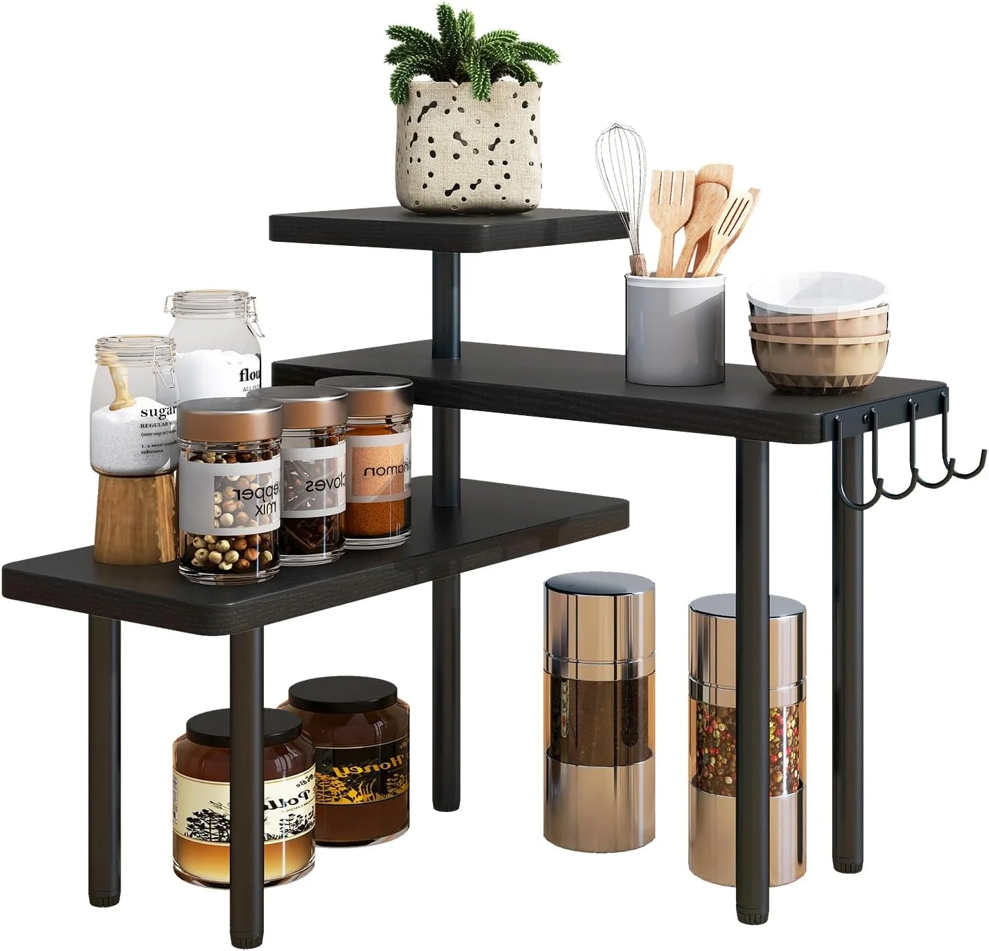 Environmentally Friendly Ibuyke Countertop Organizer 3-Tier Spice Racks Kitchen Counter Corner Shelf 4 Side Hooks Adjustable Countertop Shelf for Kitchen Bathroom User-Friendly