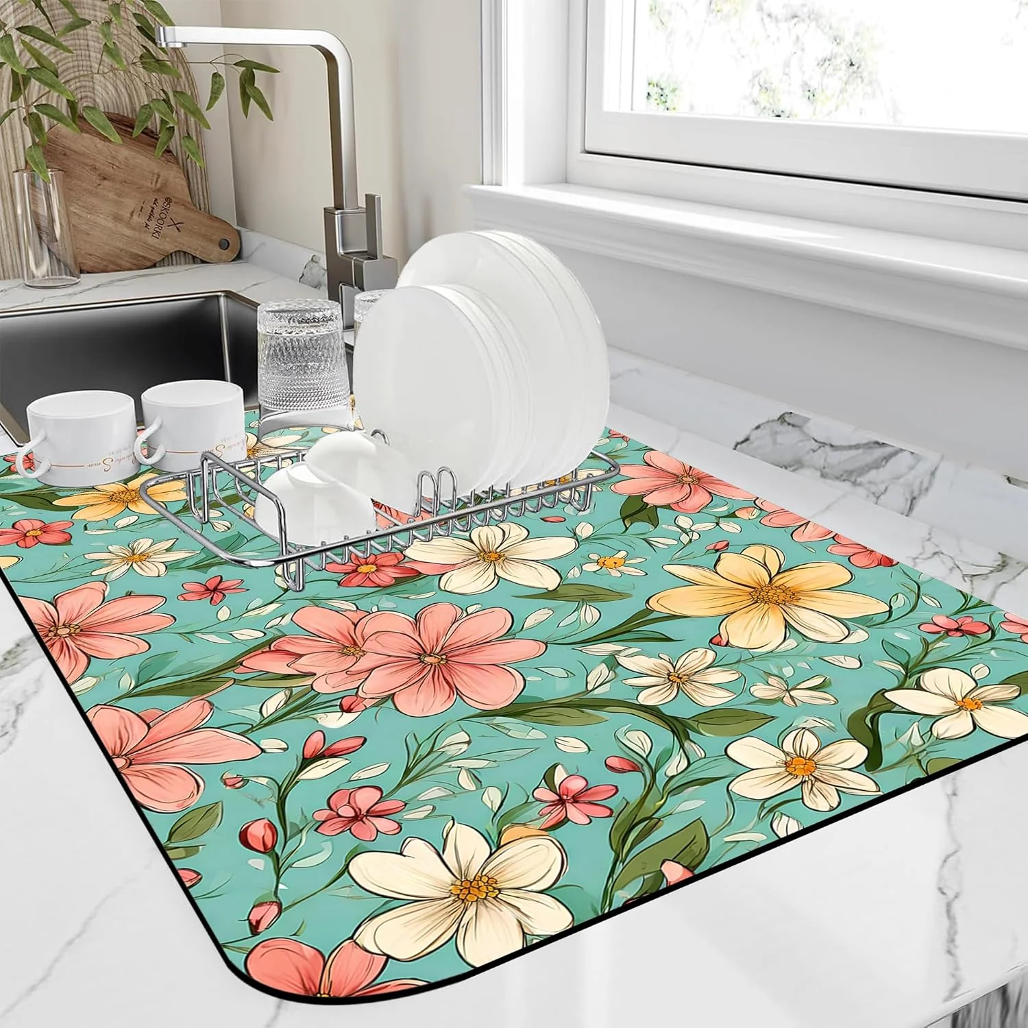 Genuine Dish Drying Mat Spring Flower Kitchen Mat 12 x19 Bsorbent Coffee Maker Mat for Dishes Advanced