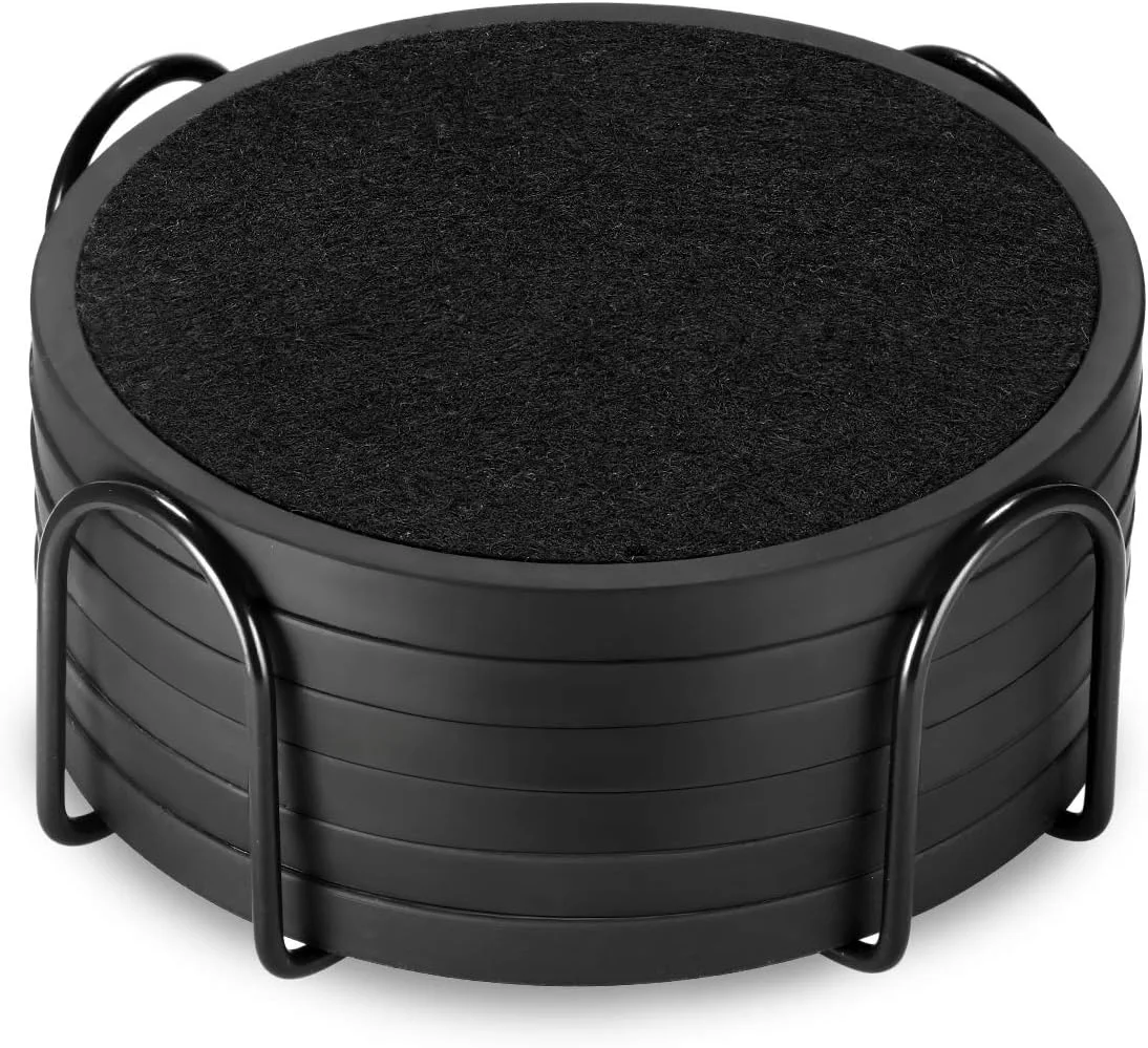 Innovative Absorbent Coasters for Drinks with Holder – 6packs Silicone Coaster with Soft Felt Insert Black Coasters with Holder Black Unique