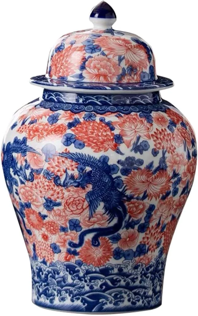 Innovative 8 inches Phoenix Ginger Jar – red Ceramic Decorative with Lid flower vase， chinoiserie gift Enamel jars for Home Kitchen Dining living room shelf Specialty