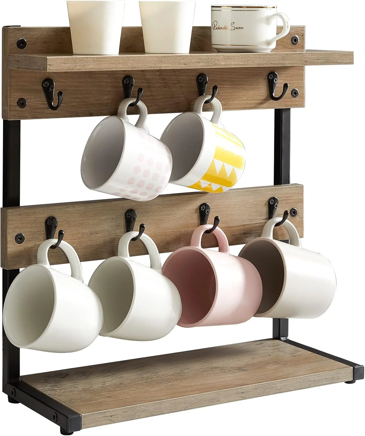 Sustainable Ibuyke Rustic Coffee Mug Holder Stand 2 Tier Countertop Mug Tree Holder Rack with Storage Base Vintage Mug Holders for Kitchen Holds 8 Mugs Superior