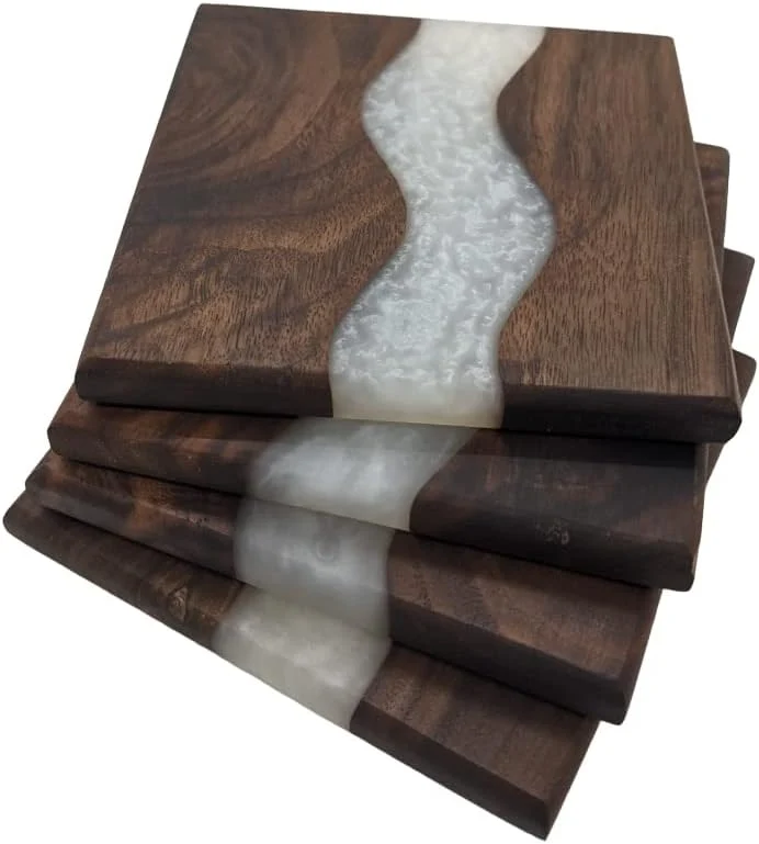 Fashionable Generic Wood Coaster Set for Drinks Handmade with Dark Walnut amp Natural Wood Sealant Finish for Water Resistance Easy Cleaning amp No Stains Epoxy Resin River 4 Pieces White Exceptional
