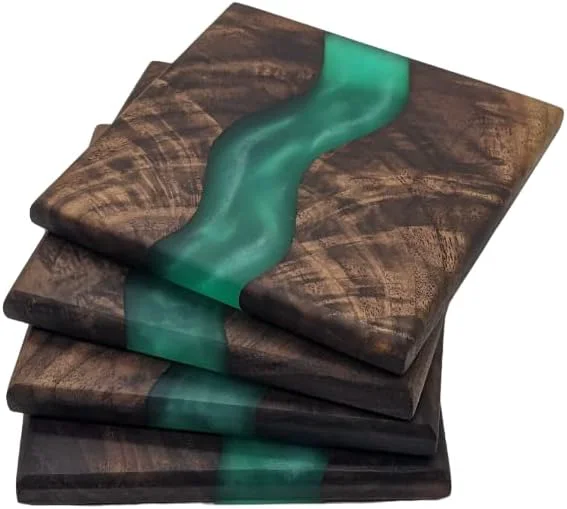 Premium Material Wood Coaster Set for Drinks Handmade with Dark Walnut amp Natural Wood Sealant Finish for Water Resistance Easy Cleaning amp No Stains Epoxy Resin River 4 Pieces Green Long-Lasting