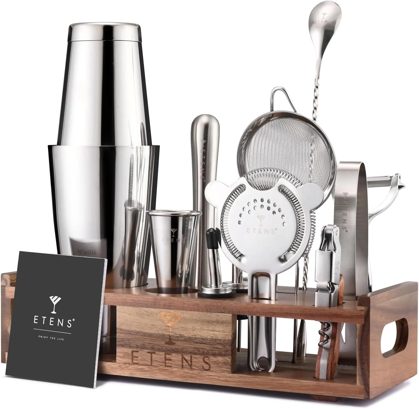Optimized Premium 15-Piece Mixology Bartender Kit – Stainless Steel Cocktail Shaker Set with Wooden Stand Fine Crafted