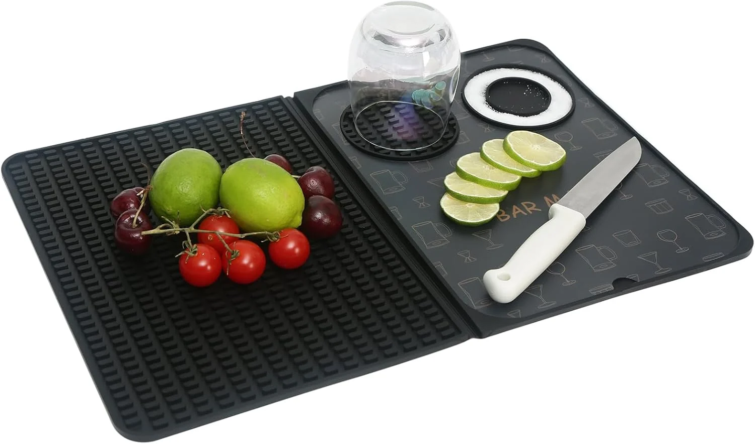 Fast Foldable Bar Mat 18×12 inch – 3-in-1 Silicone Drying Mat with Removable Cutting Board Rim Tray Countertop Protector for Home Outdoor Travel Durable