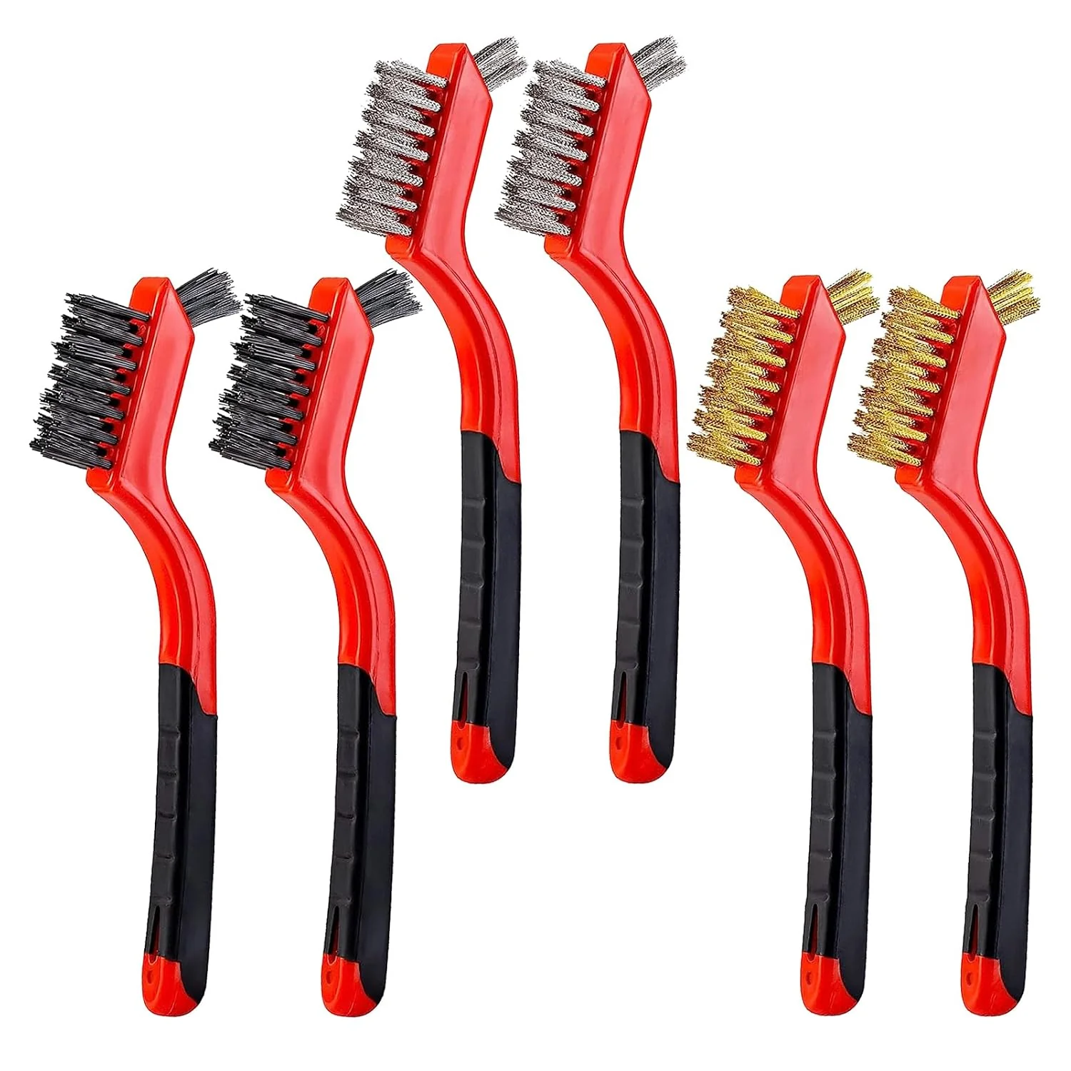 Easy-to-Use YiwerDer 6Pcs Mini Wire Brush Set Stainless Steel Brass Nylon Bristles Wire Brushes Curved Handle Soft Grip for Rust Dirt amp Paint Scrubbing with Deep Cleaning – 7 Inches Red Functional