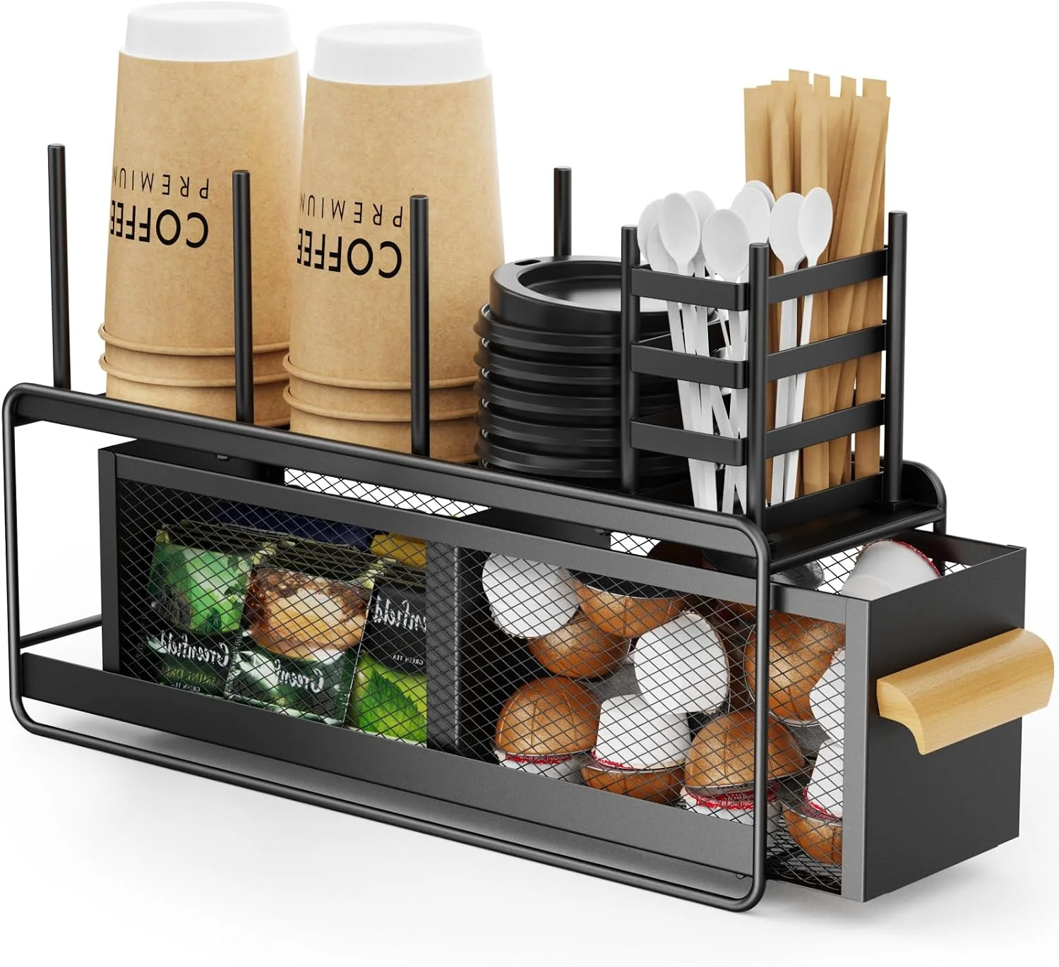 Exceptional GSlife Narrow Coffee Bar Organizer – Countertop Station with Drawer Black Only 4.5 in Wide Pull-Out Pod Drawer Cup amp Lid Holders Stirrers Straws amp Condiment Storage for Coffee Bars amp Breakrooms Smooth