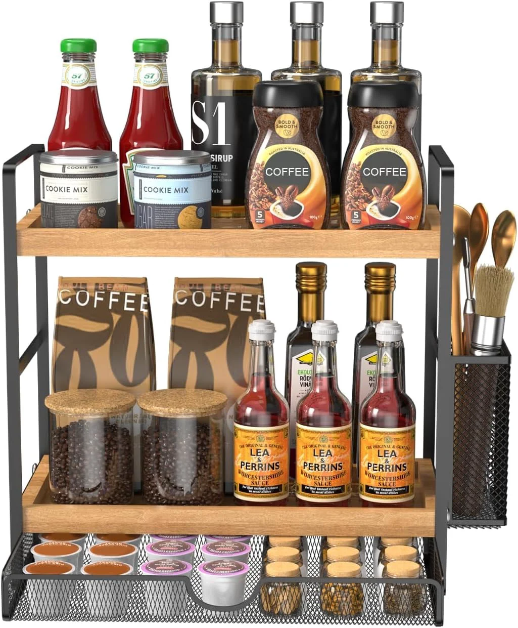Consistent 2 Tier Spice Rack Organizer for Countertop with Drawer and Basket Suitable for Coffee Organizer Kitchen Counter Storage Bathroom Storage Innovative