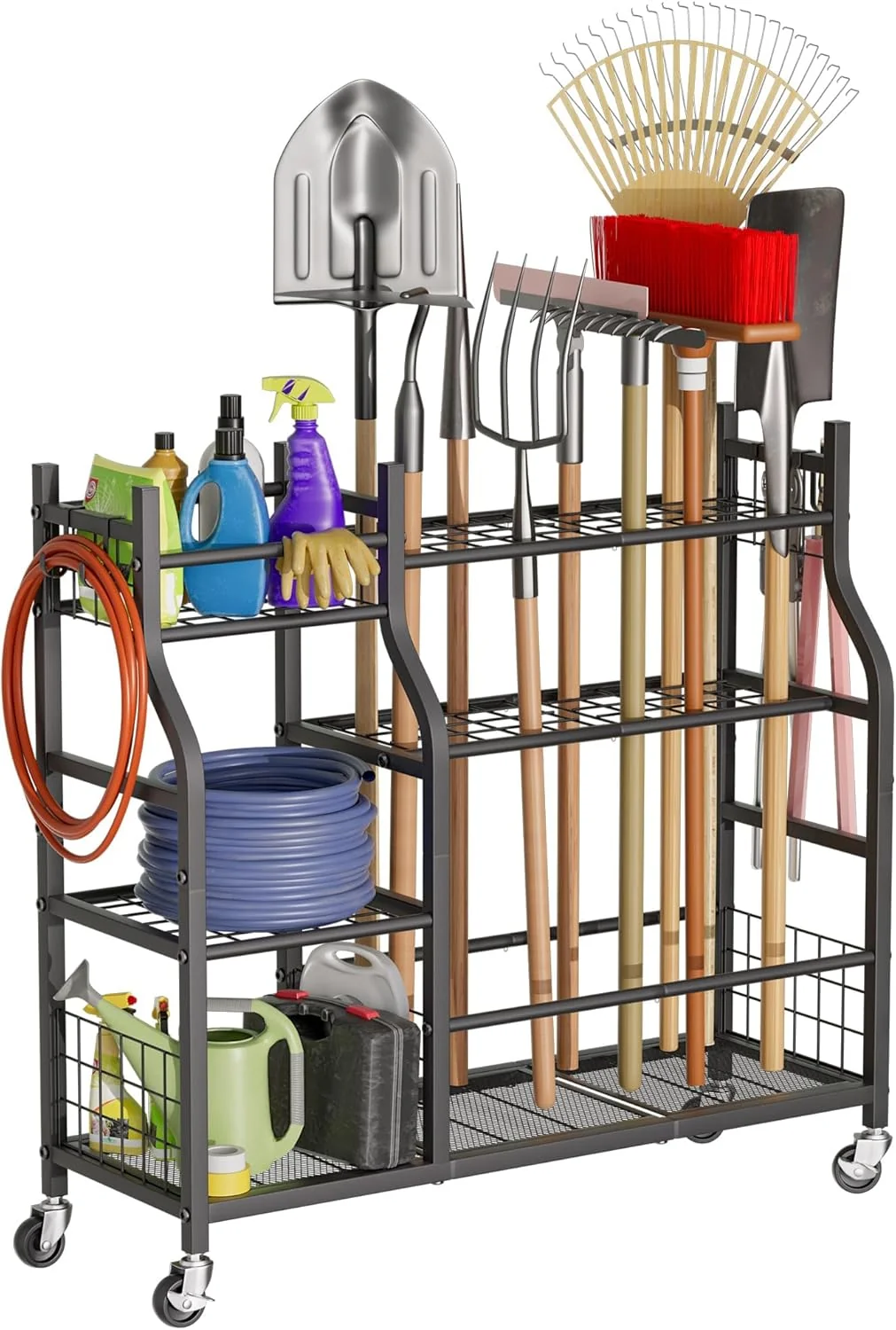 Versatile Garden Tool Organizer with Wheels for Garage and Shed Spacious Tool Storage Multi-Tier Design with Side Hooks for Rakes Shovels Brooms Proven