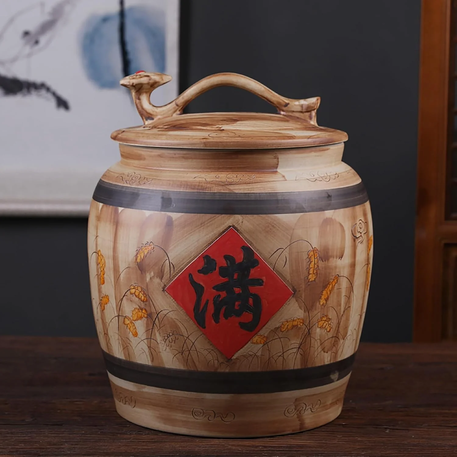 Dependable Ceramic Rice Storage Container Sealed Rice Bucket Grain Dispenser Food Storage Jars Chinese Jar Ceramic Decorative for Ce Flour Sugar Coffee Rice 35 28.5cm 13.7 11.2in Eco-Friendly