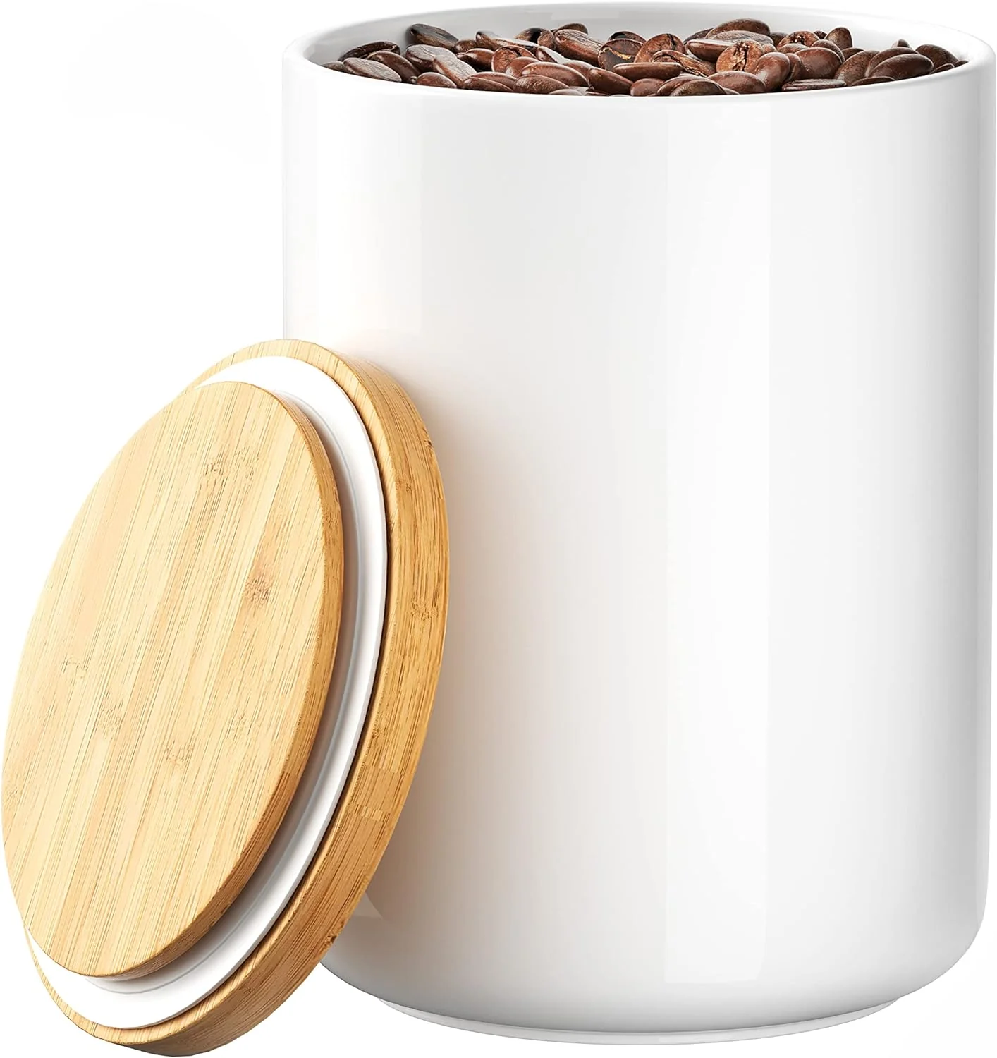 Contemporary White Ceramic 1050mL 4 cup Food Storage Jar Canister with Airtight Bamboo Lid and Silicone Seal Container for Counter Powerful