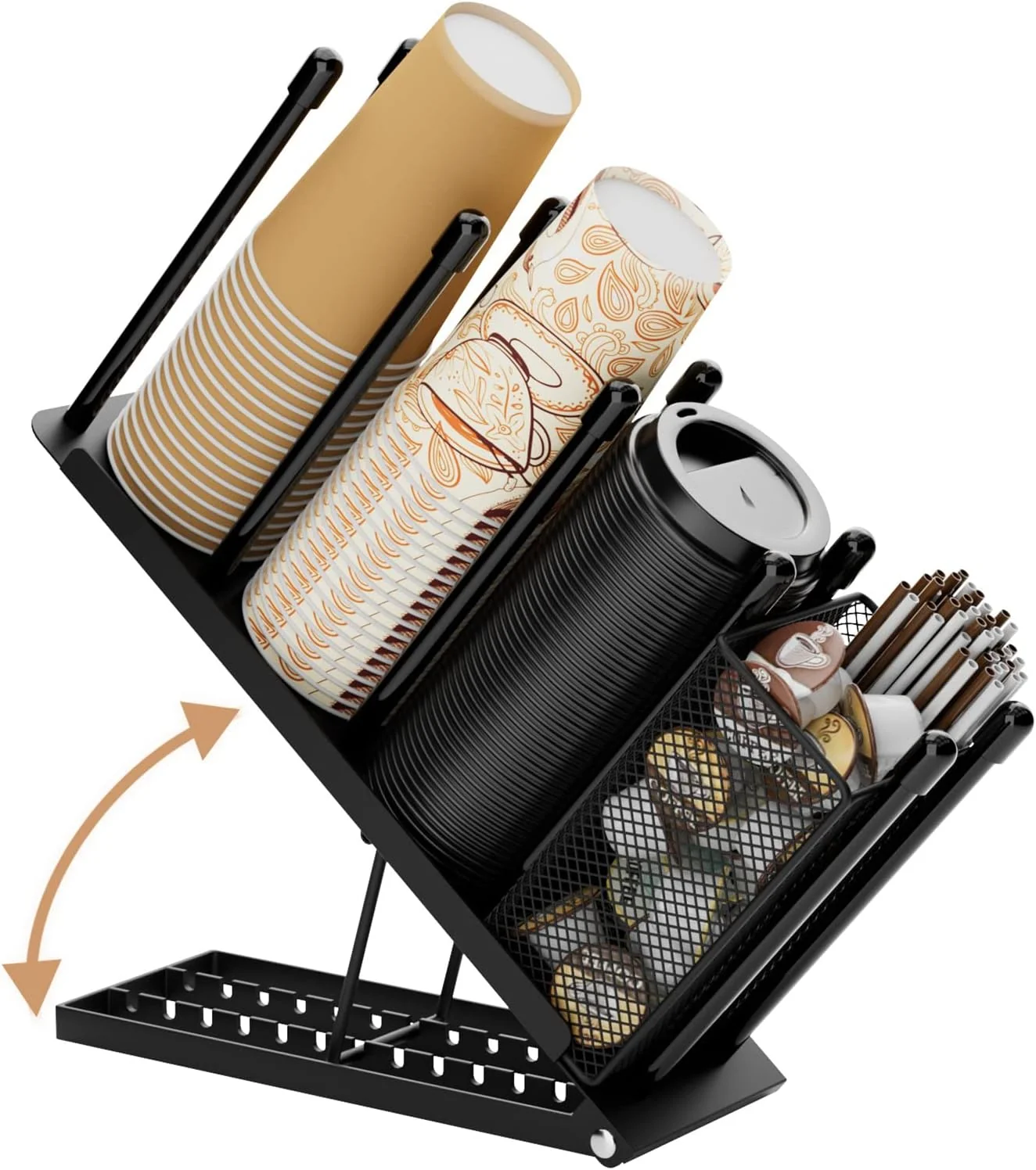 Efficient Coffee Cup and Lid Holder – 4 Compartments Plastic Paper Cups Dispenser 8 Tilt Angle Adjust 100pcs 8-22oz Disposable Cups Holder with Straw Basket for Coffee Bar Station Countertop Breakroom Black Trusted